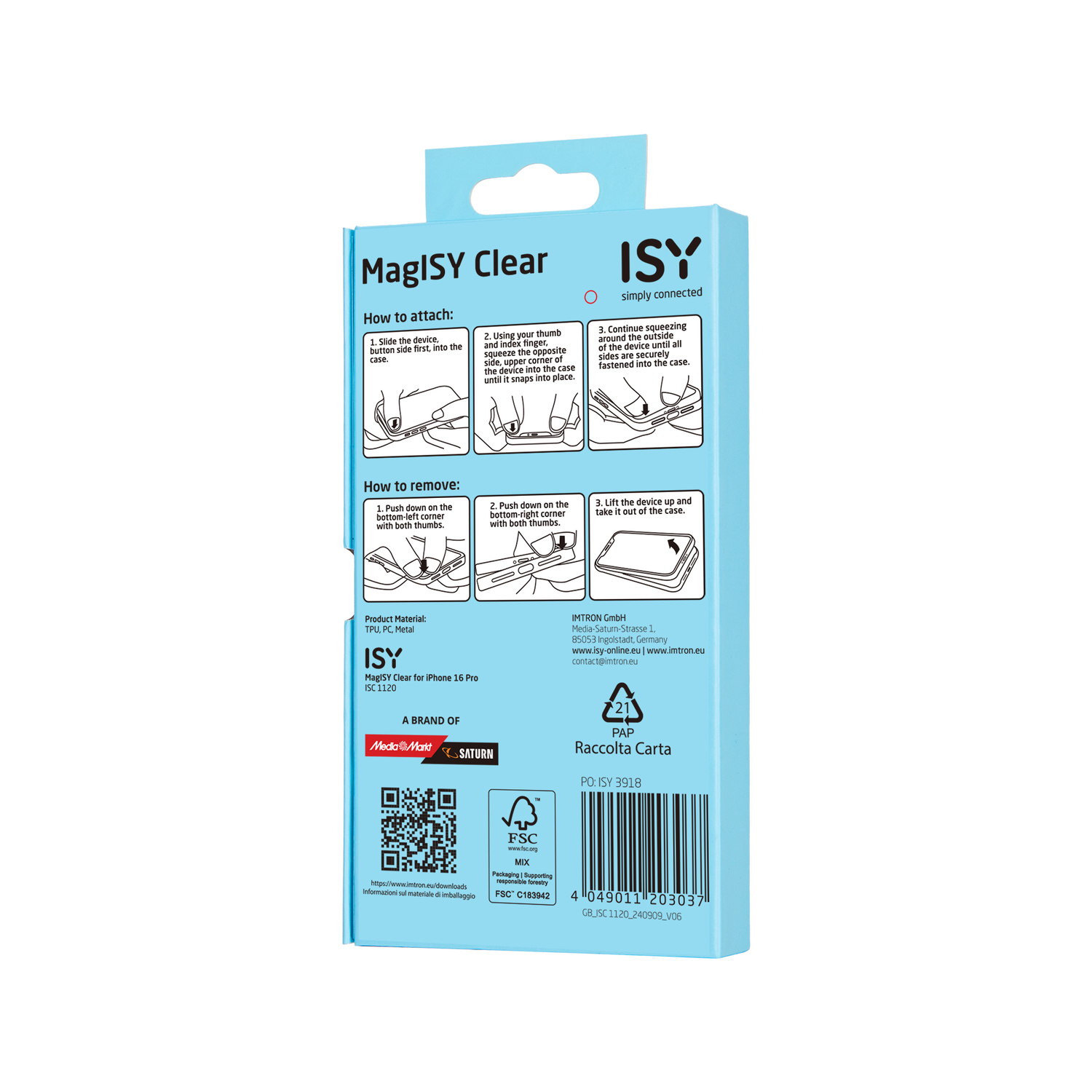 Verpakking voor een telefoonhoesje, met instructies en een QR-code.