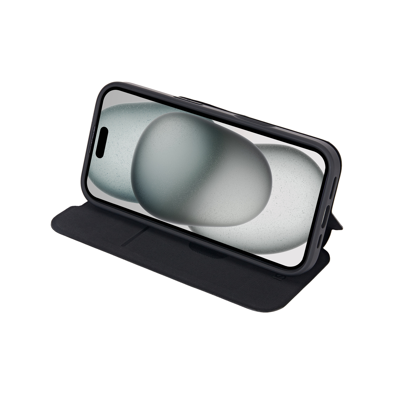 Zwarte smartphone in een zwarte hoes, opgesteld.