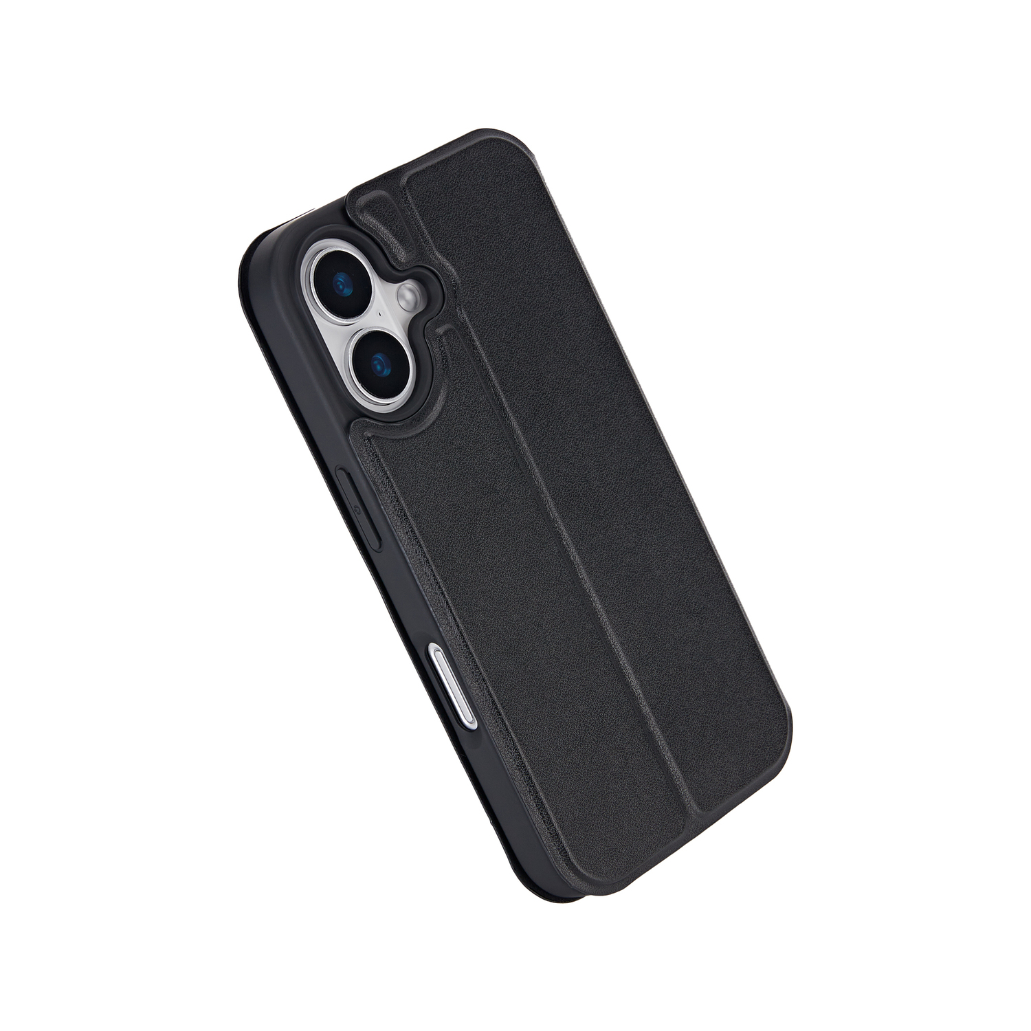 Zwarte telefoonhoes met camera-uitsparingen. Het heeft een textuuroppervlak en een magnetische flap. Geïsoleerd op een witte achtergrond.