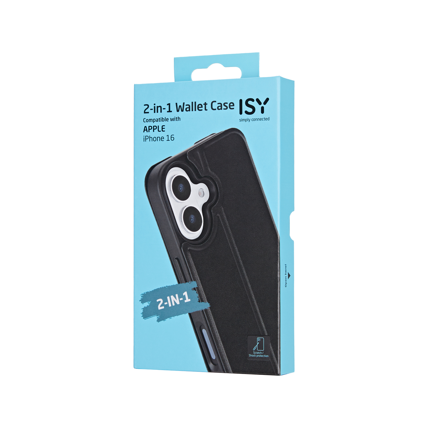 Blauwe en witte doos van een 2-in-1 portemonnee hoesje voor iPhone 15. De hoes is zwart.
