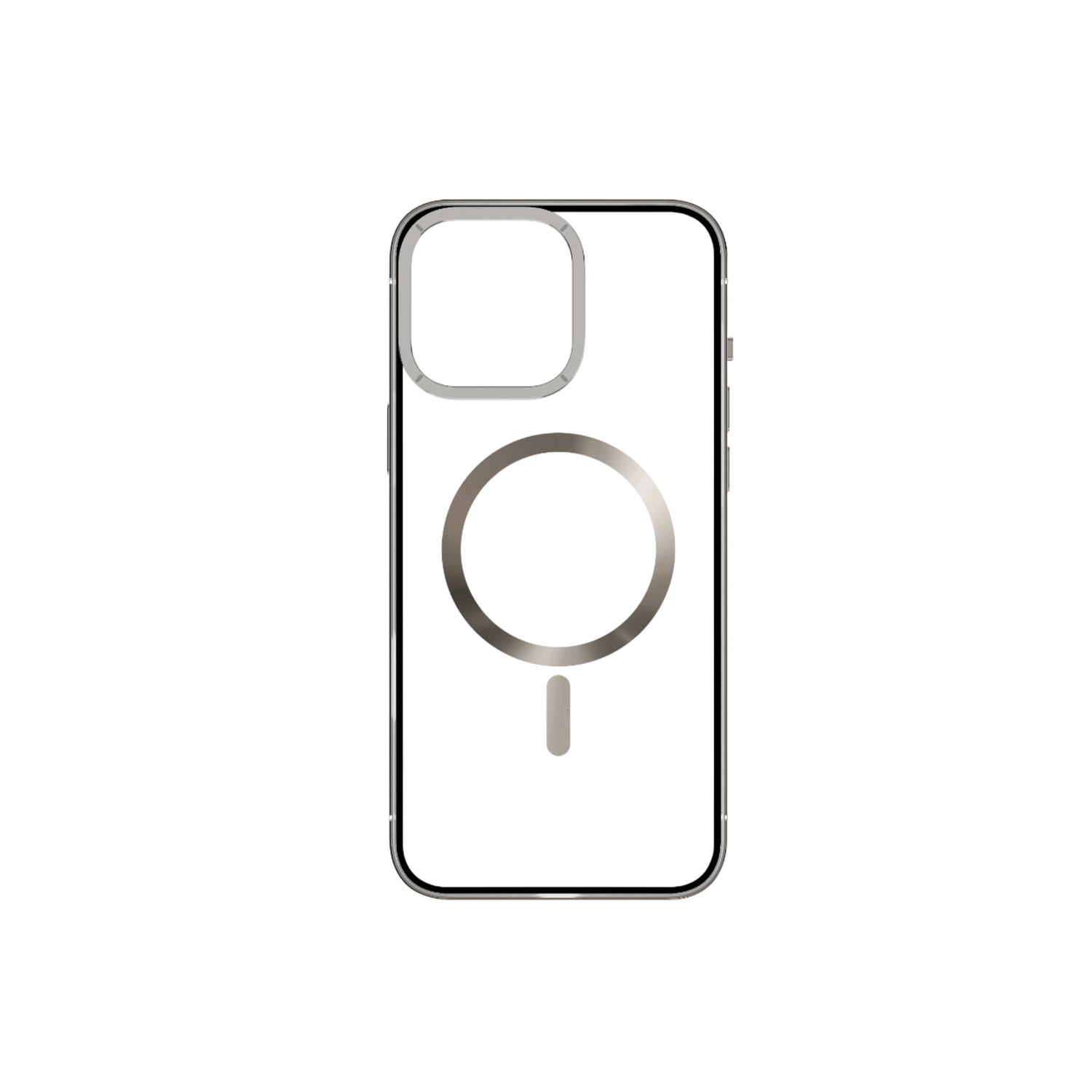 Transparante telefoonhoes met een zilveren MagSafe-ring en een kleine uitsparing voor de camera.