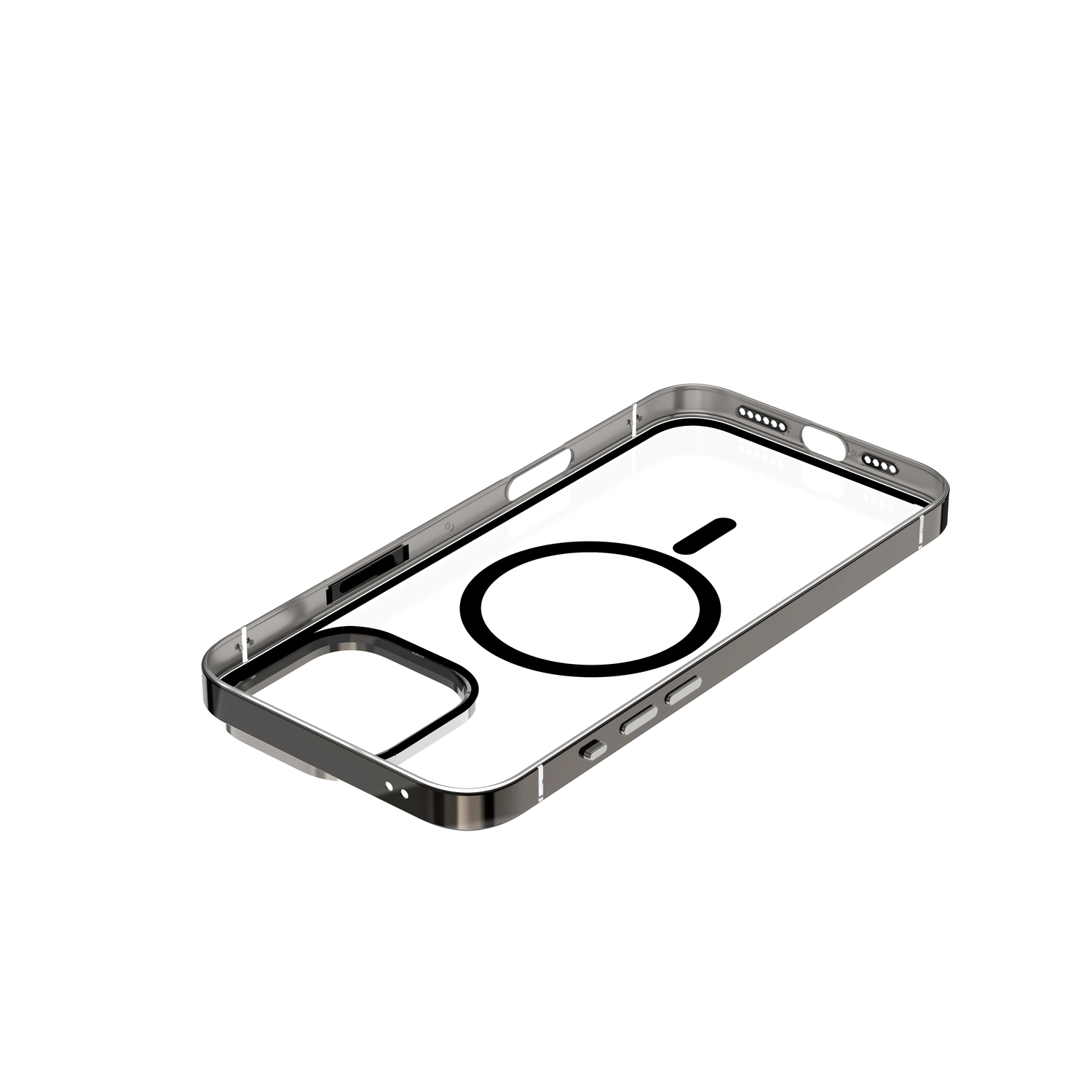 Transparante telefoonhoes met zwarte ring. Witte achtergrond. Zijaanzicht.