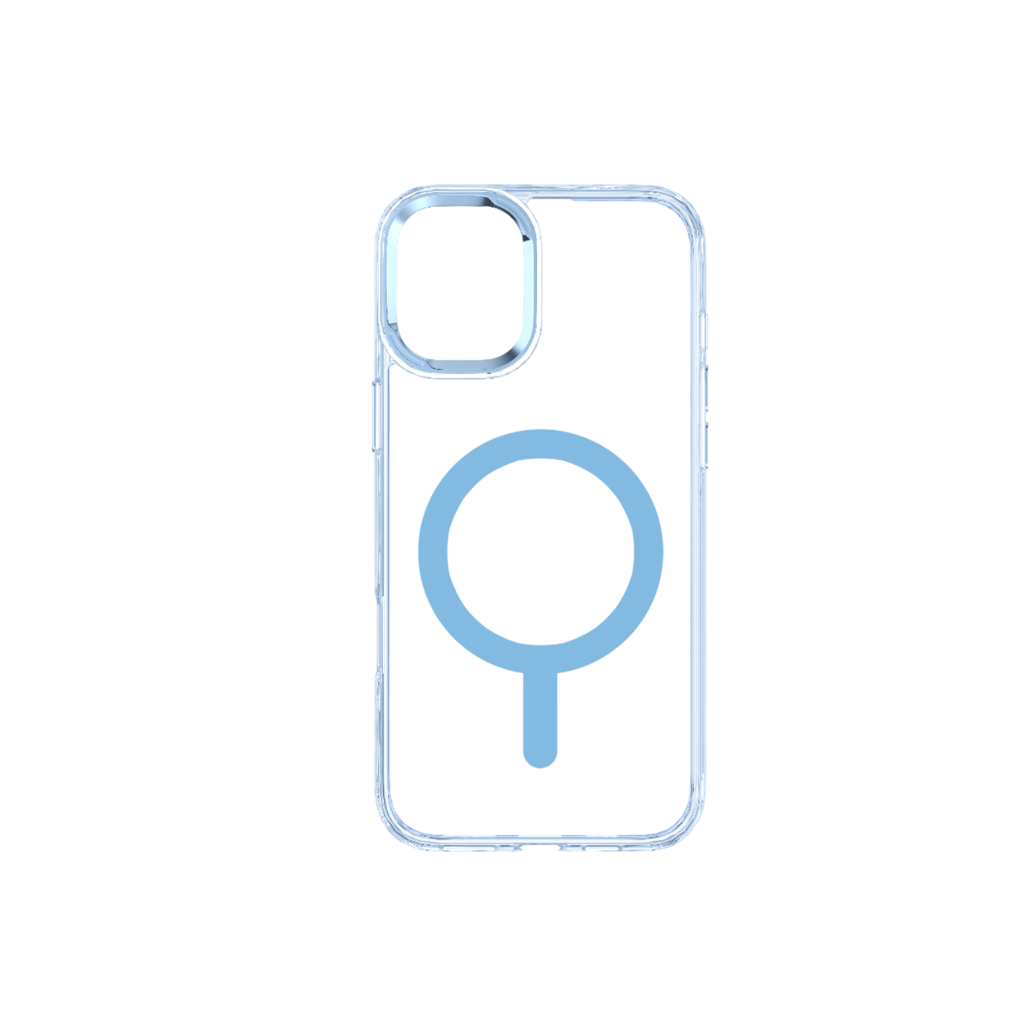 Transparante iPhone-hoes met een blauw cirkelvormig MagSafe-ontwerp op een zwarte achtergrond.
