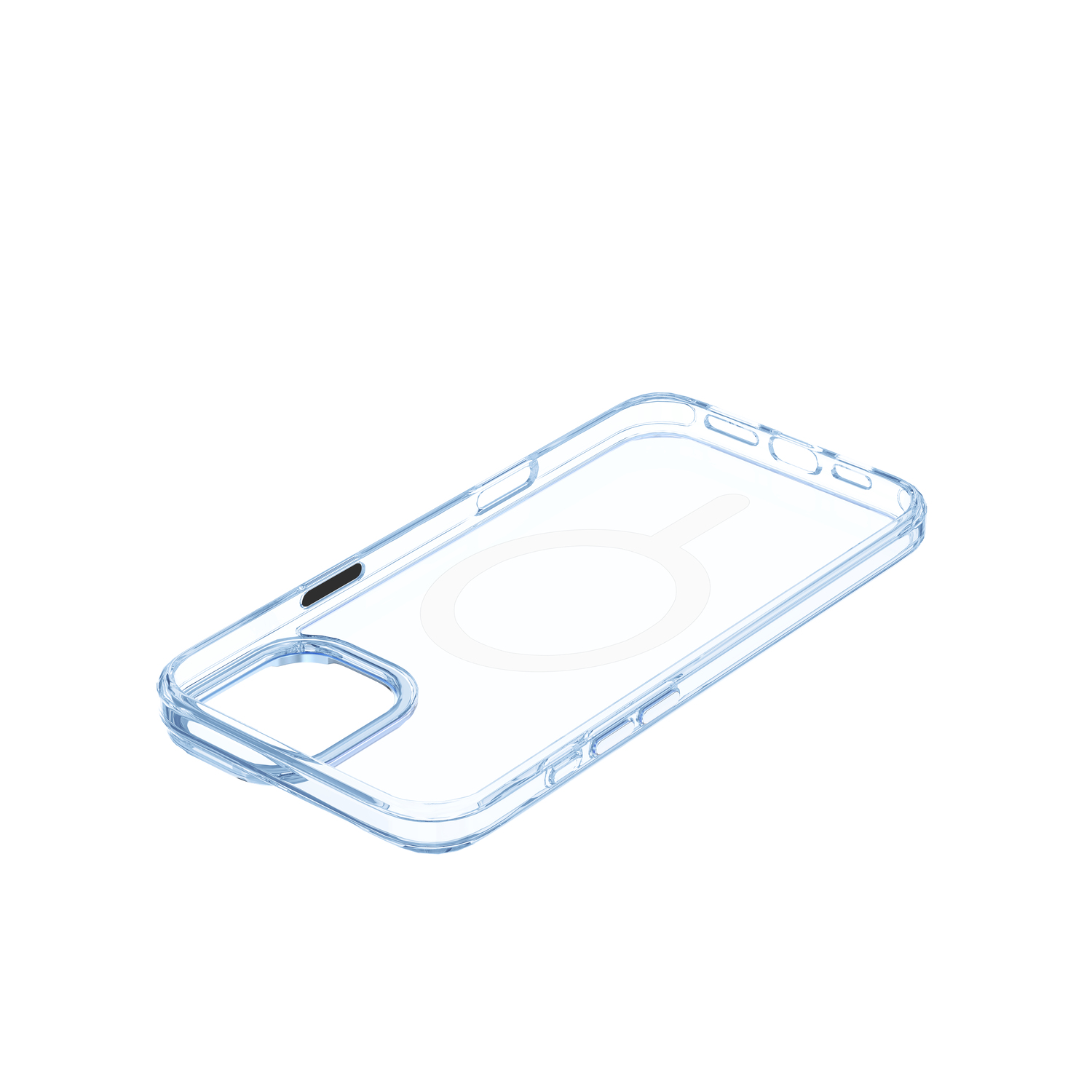 Transparante telefoonhoes met een witte cirkel erop, op een witte achtergrond.