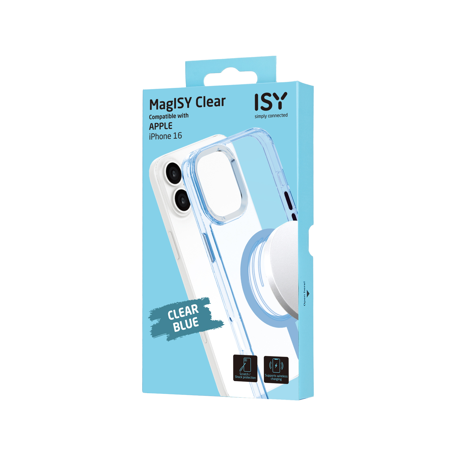 Blauwe en witte telefoonhoesjesdoos. Leest 'MaglSY Clear' en 'iPhone 16'. Transparante blauwe hoes binnen.