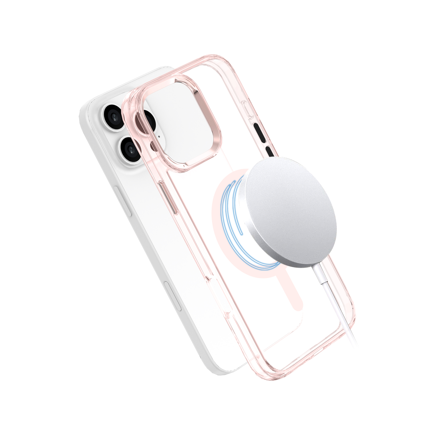 Transparante roze telefoonhoes op witte telefoon met zilveren oplaadpad.