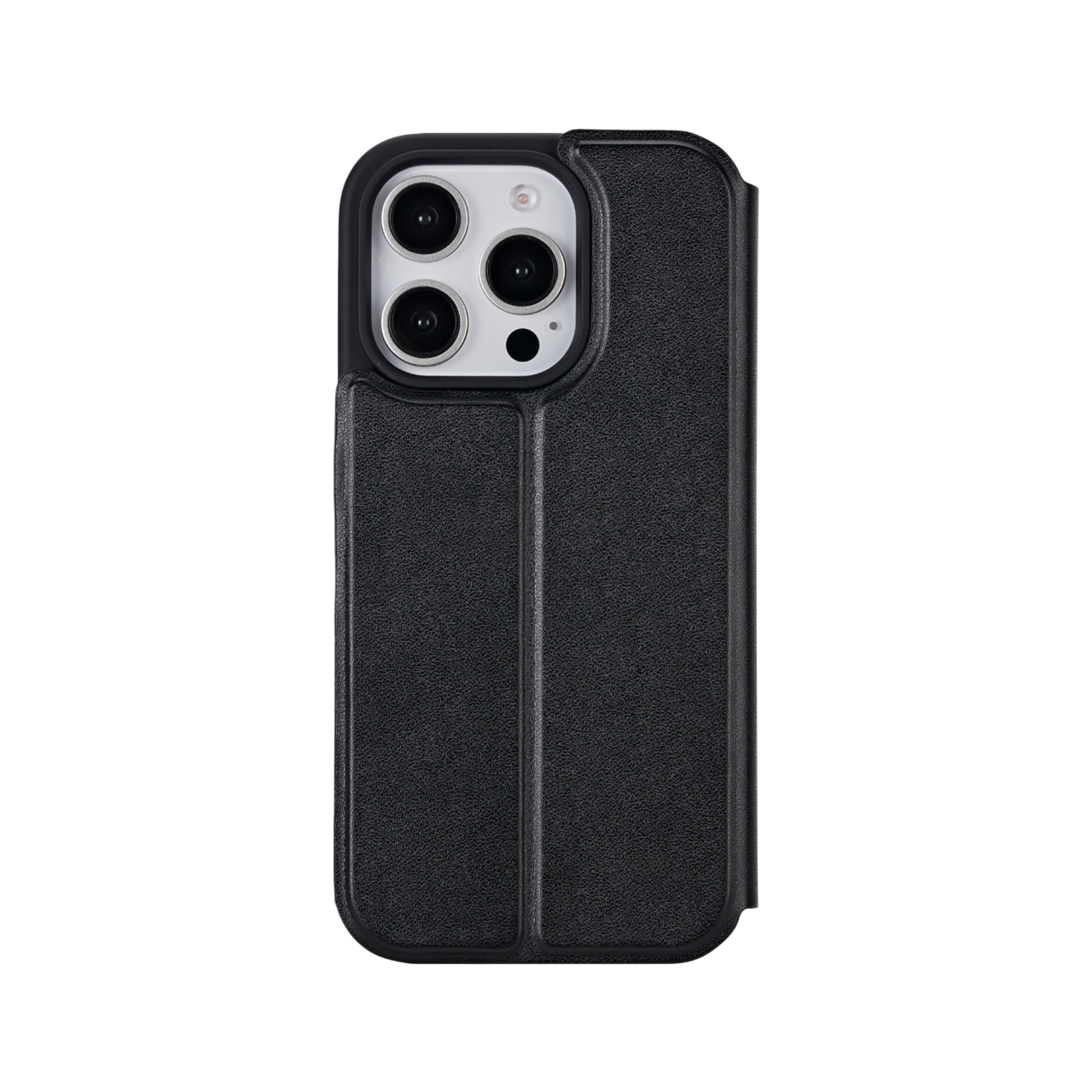 Coque noire pour iPhone avec découpes triple caméra, fermée. Sur fond noir.
