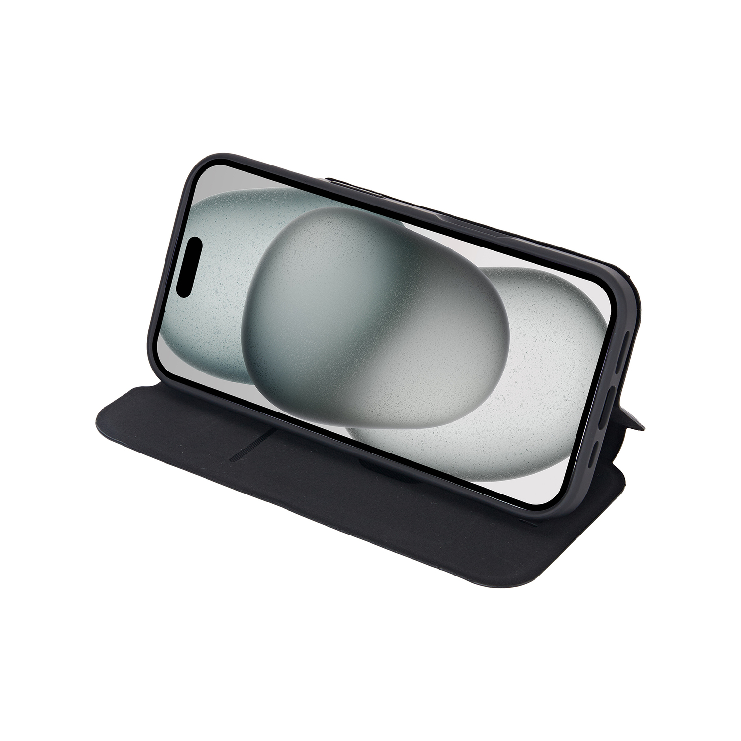 Téléphone dans un étui en cuir, en position horizontale, avec l'écran allumé.