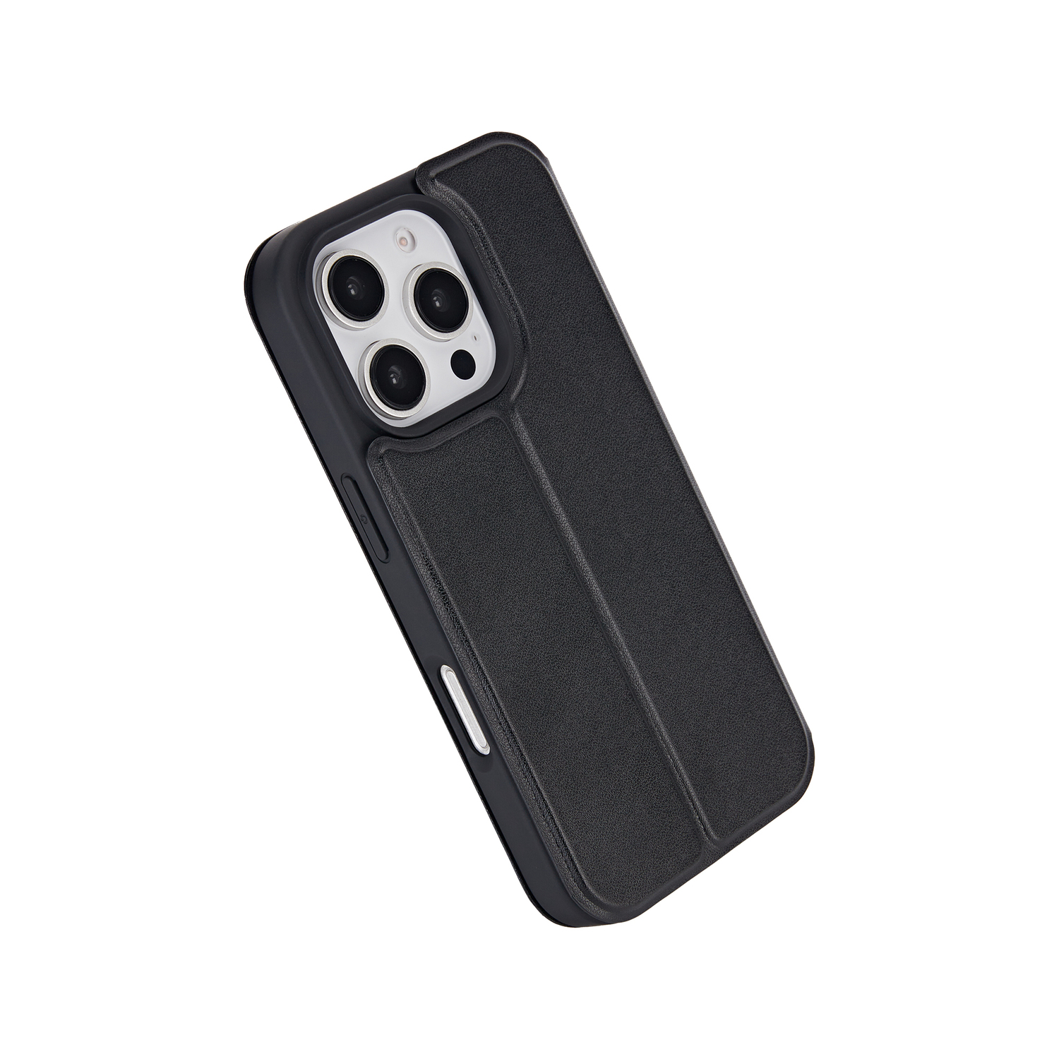 Coque de téléphone noire, couvrant l'arrière et les côtés, avec découpes pour la caméra.