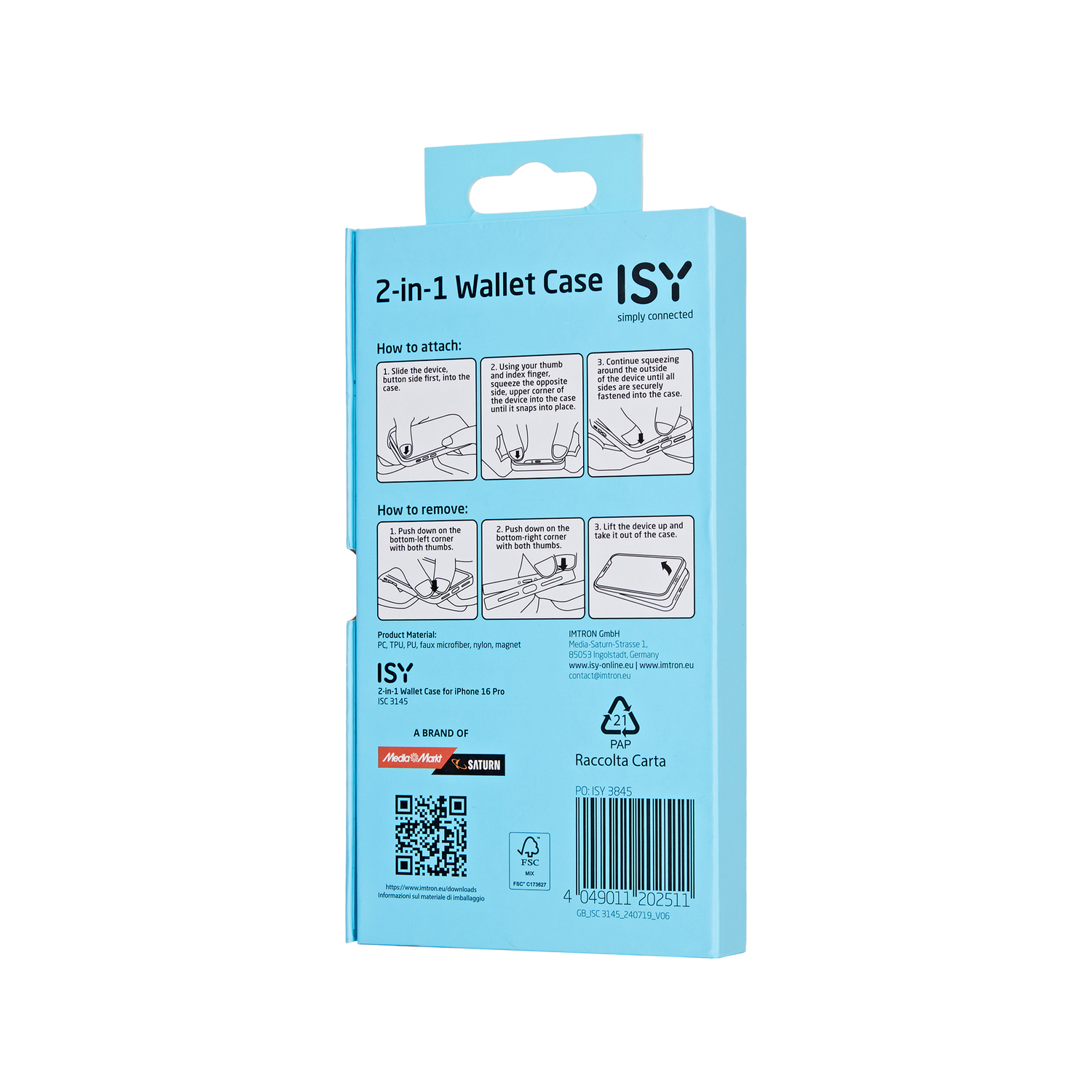 Une boîte bleue et blanche avec des instructions sur la façon d'attacher un étui portefeuille.