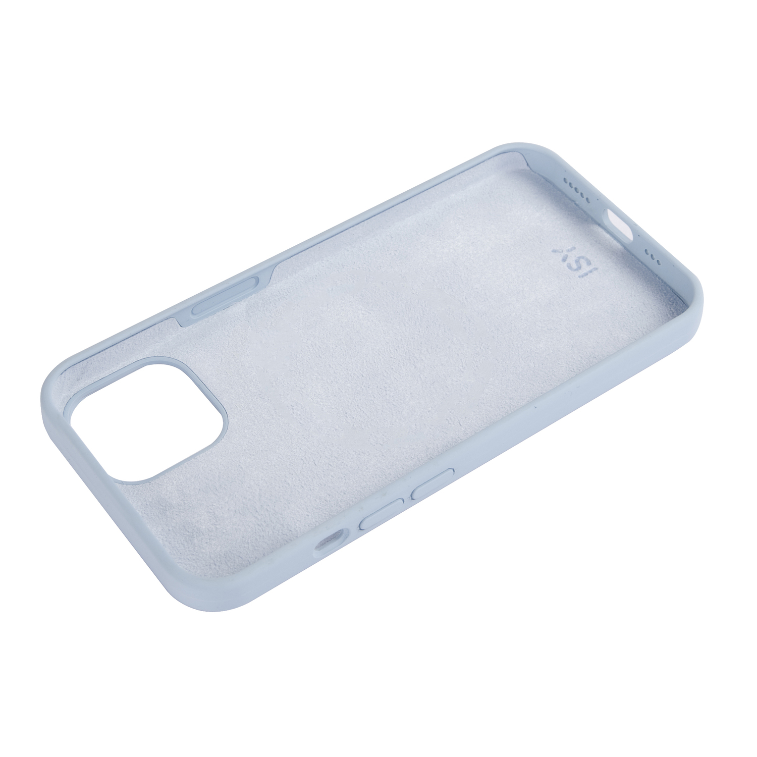 A light blue phone case, inside view, angled on a white surface.