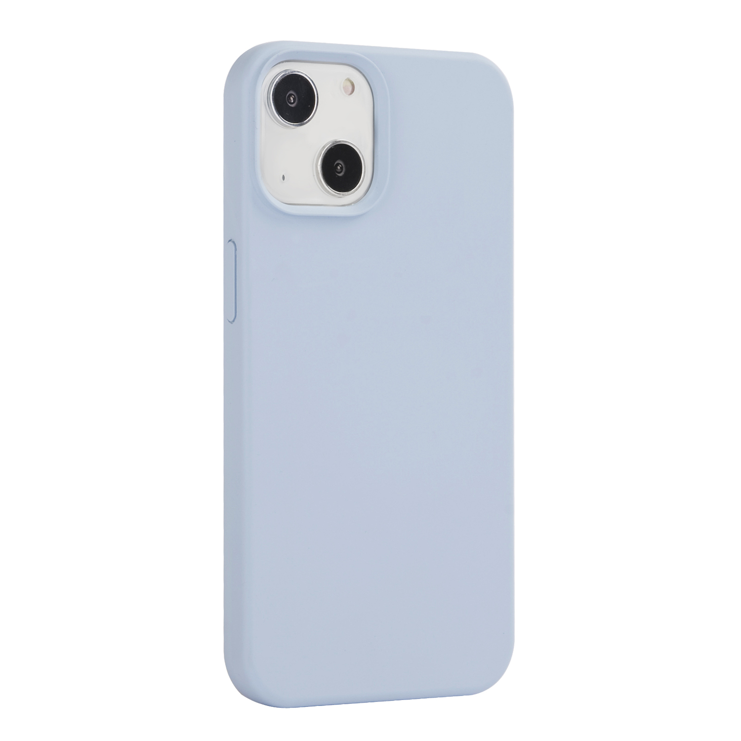 A light blue phone case with a camera cutout is on a white background.