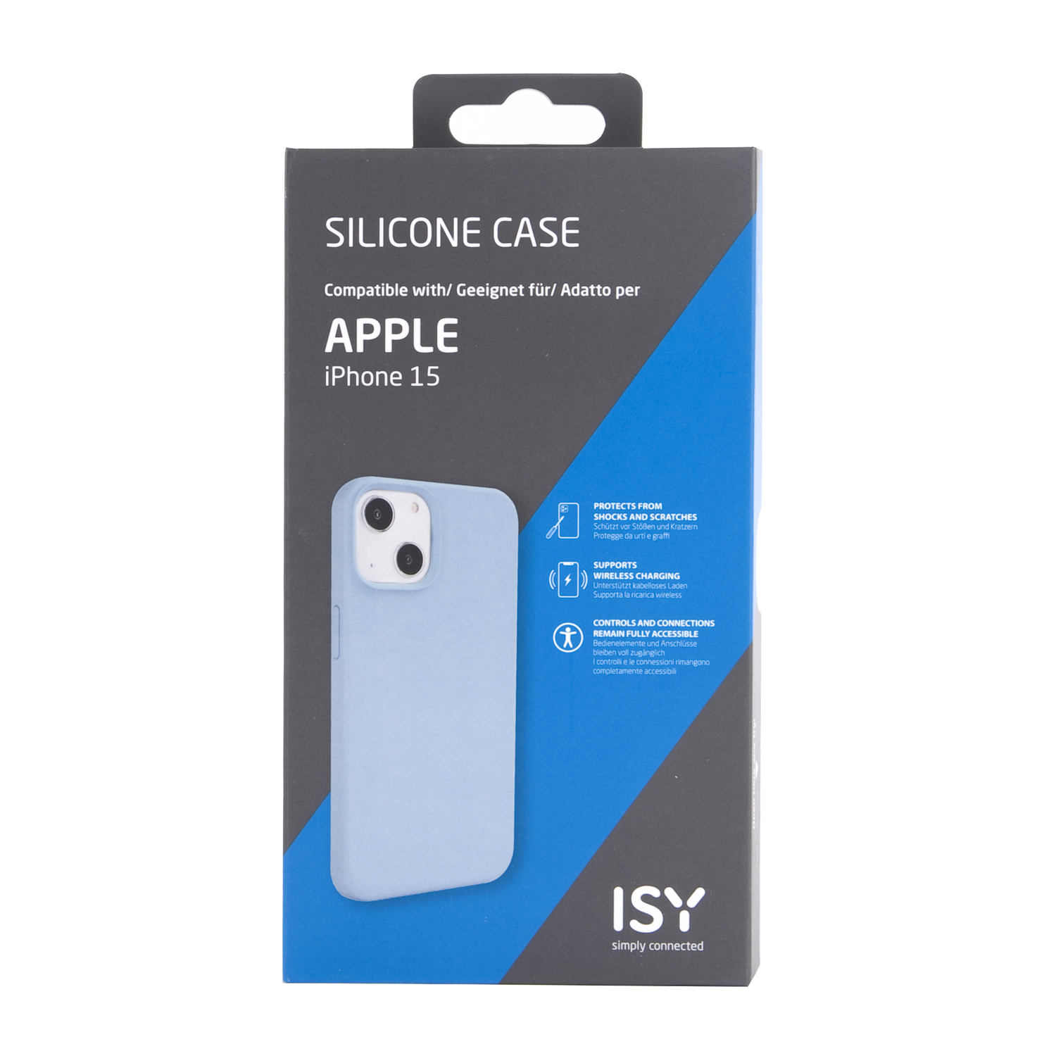 Blue silicone phone case packaging. Shows case outline.
