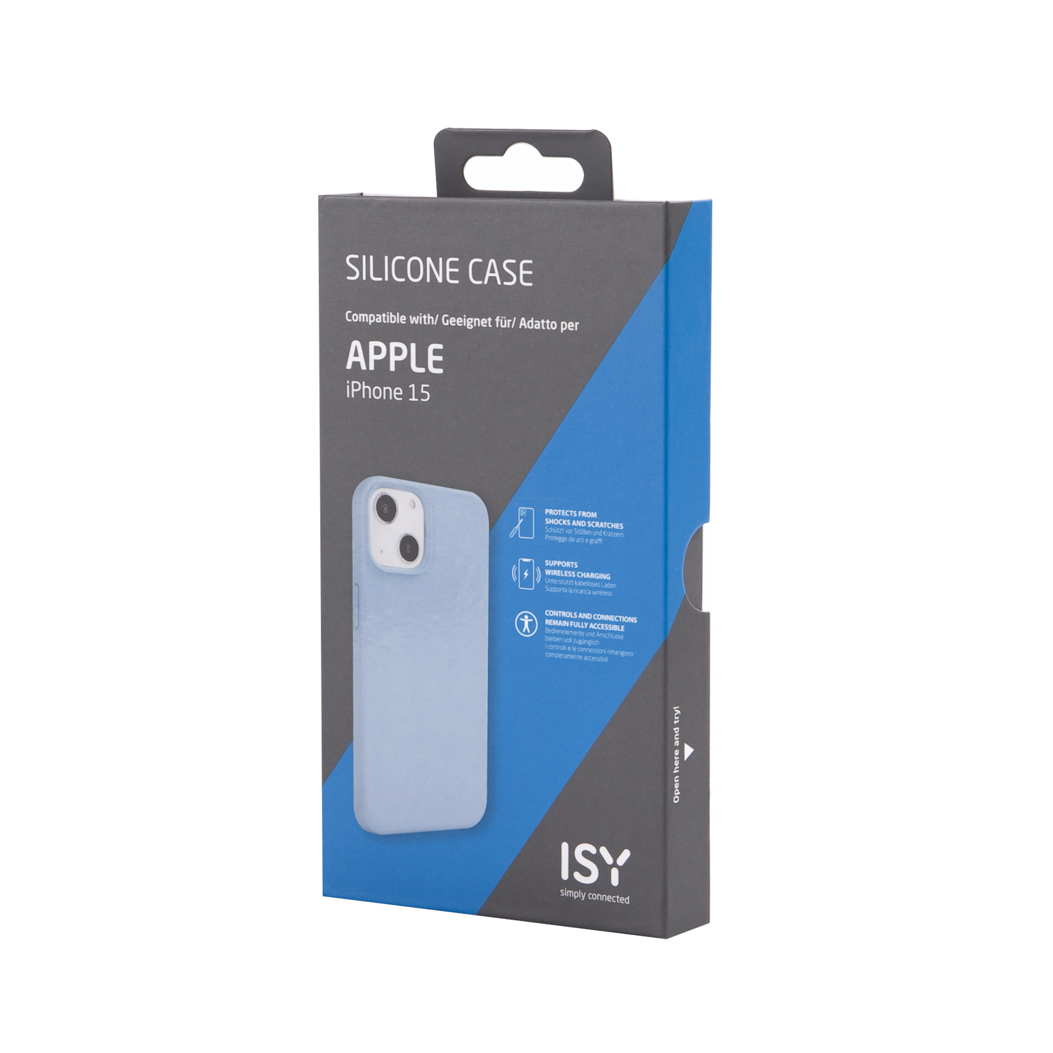 Blue silicone phone case packaging. Shows case outline.