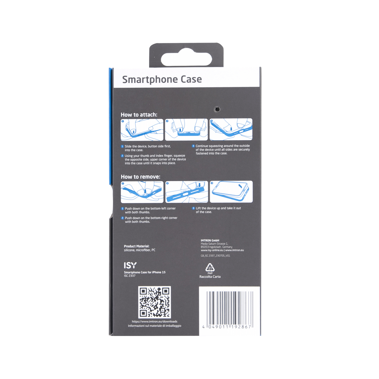 A smartphone case packaging with instructions and a QR code.