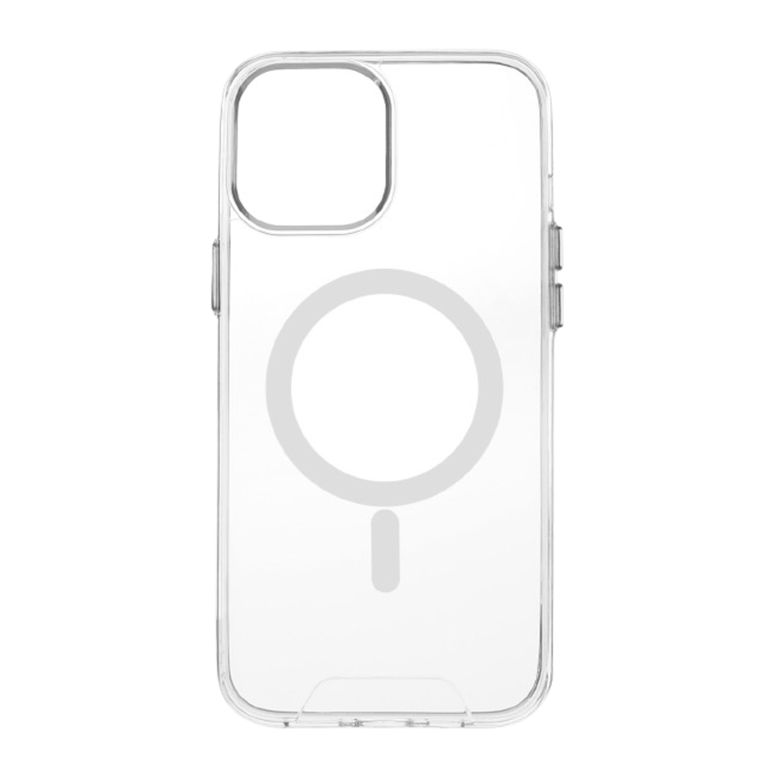 Een doorzichtig telefoonhoesje met een wit cirkelvormig magnetisch ontwerp.