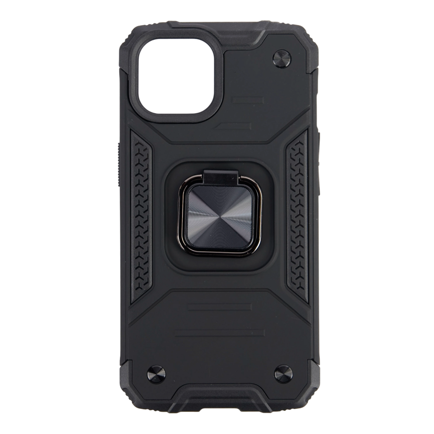 Coque de téléphone noire avec un porte-anneau. Il a un design robuste. Fond noir.
