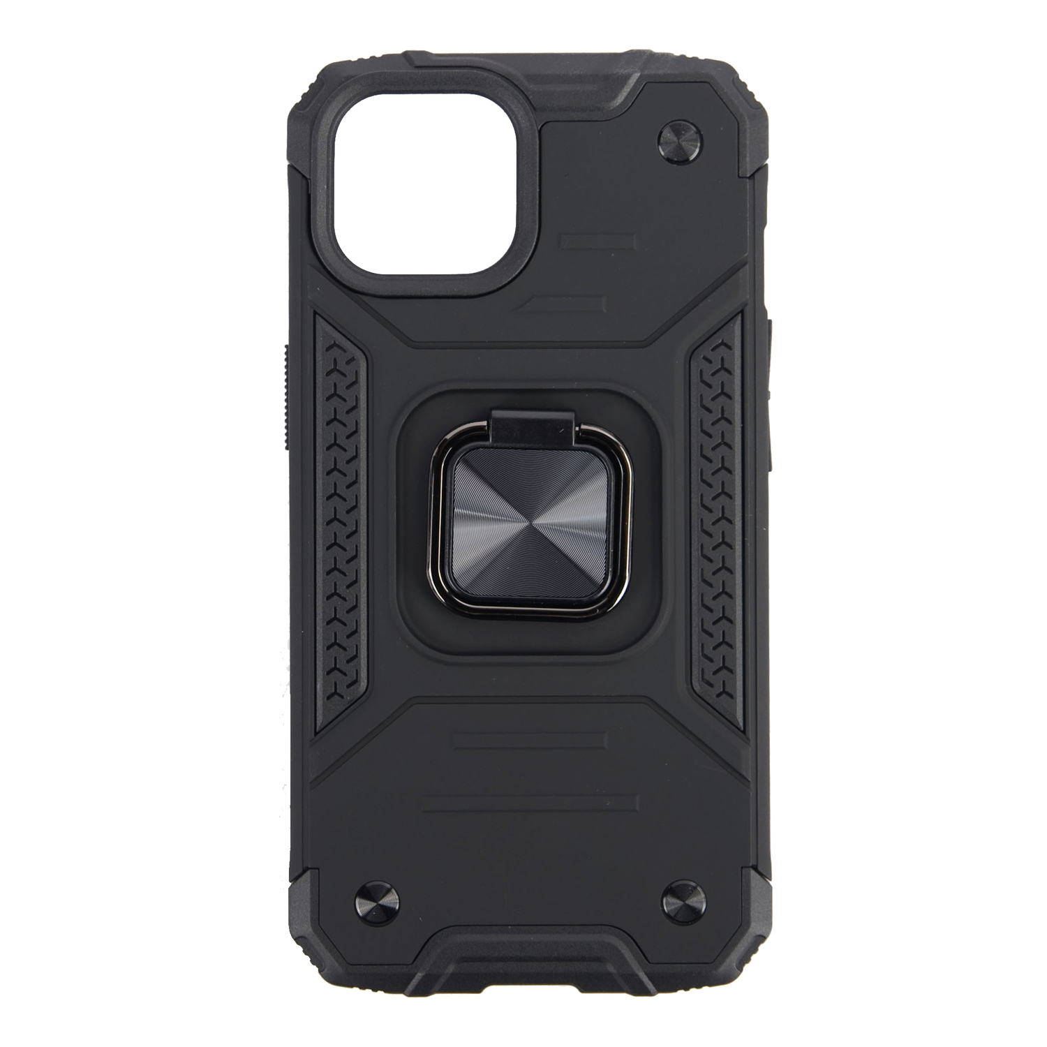Une coque de smartphone noire avec un support d'anneau, et un fond blanc.