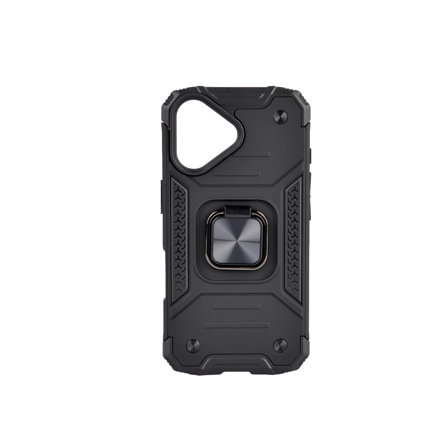 Coque de téléphone noire avec support d'anneau argenté et design texturé, fond noir.