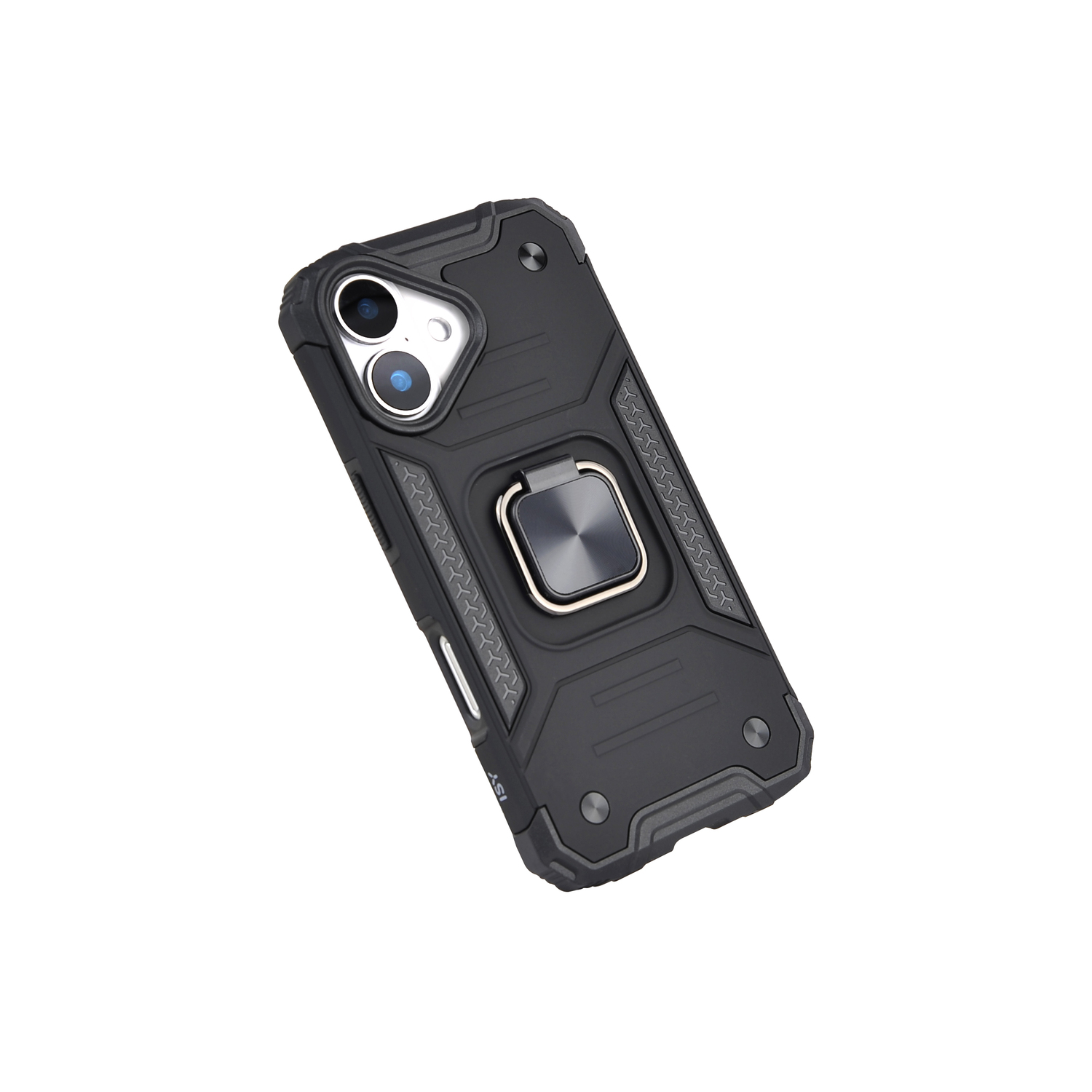 Coque de téléphone noire avec un support de bague. Elle comporte des découpes pour l'appareil photo et un dos texturé.