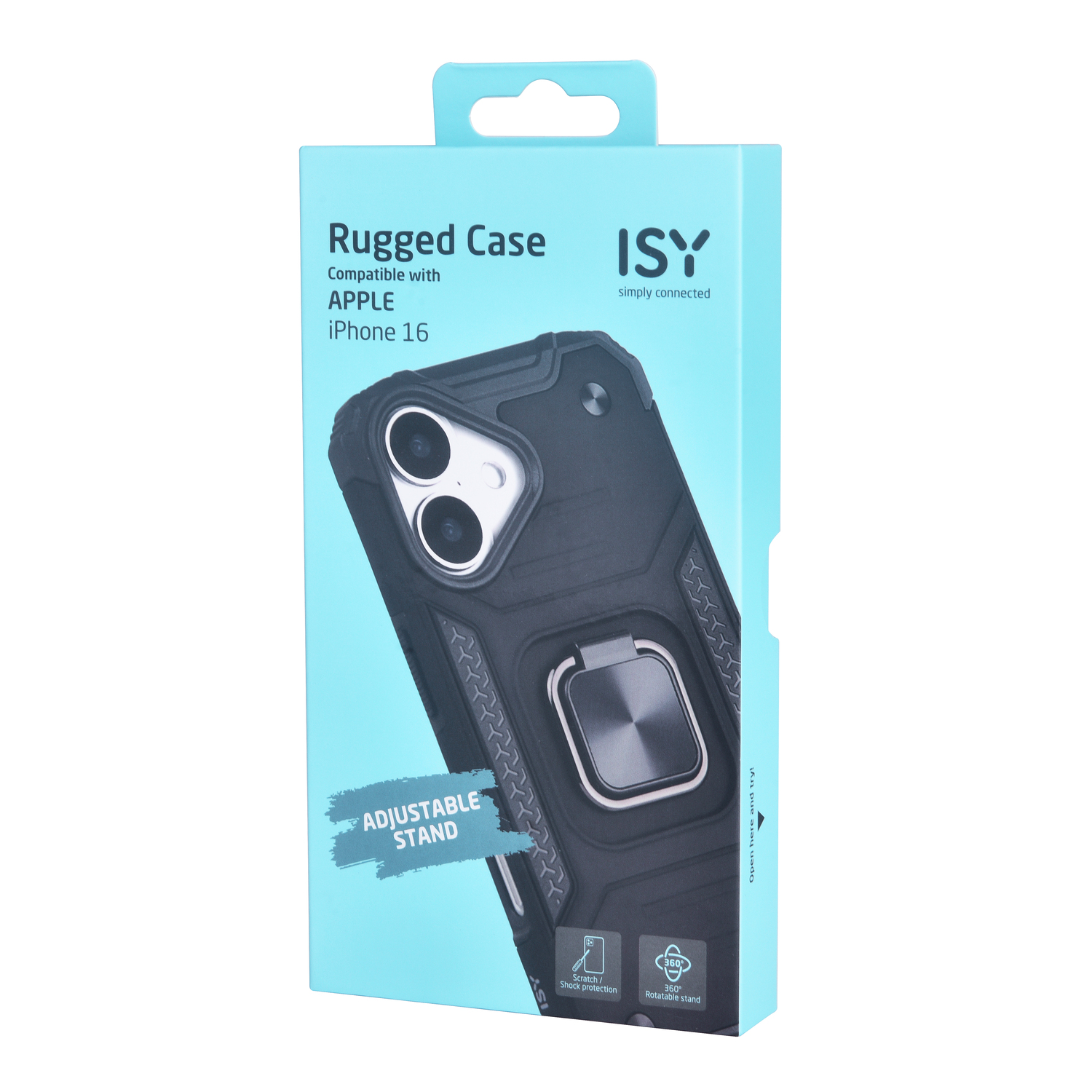 Une boîte d'un étui robuste compatible avec l'Apple iPhone 16, avec un support.