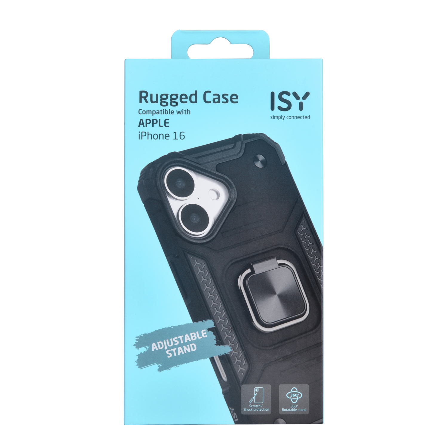 Coque de téléphone noire avec bague, sur une boîte bleue et blanche.