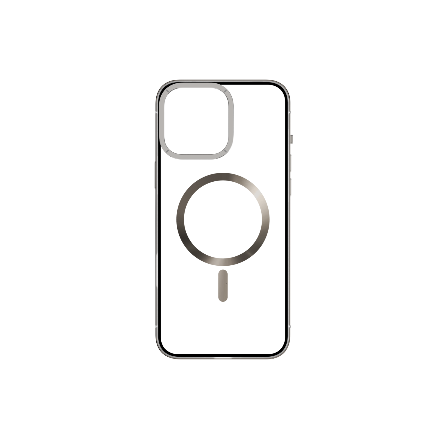 Transparante iPhone-hoes met een zilveren ring en een zwarte magnetische cirkel.