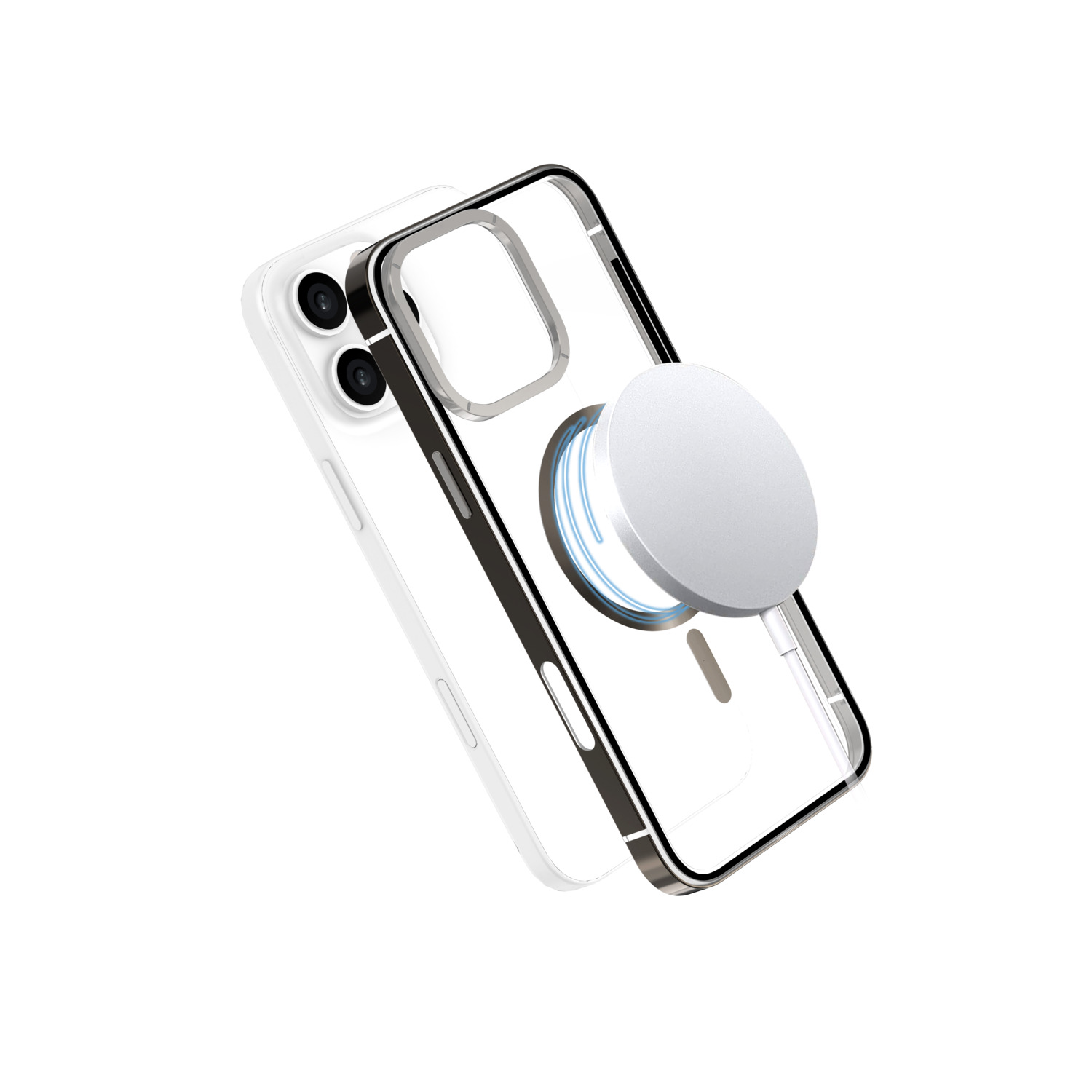 iPhone in een doorzichtige hoes met een witte pop-up lader.
