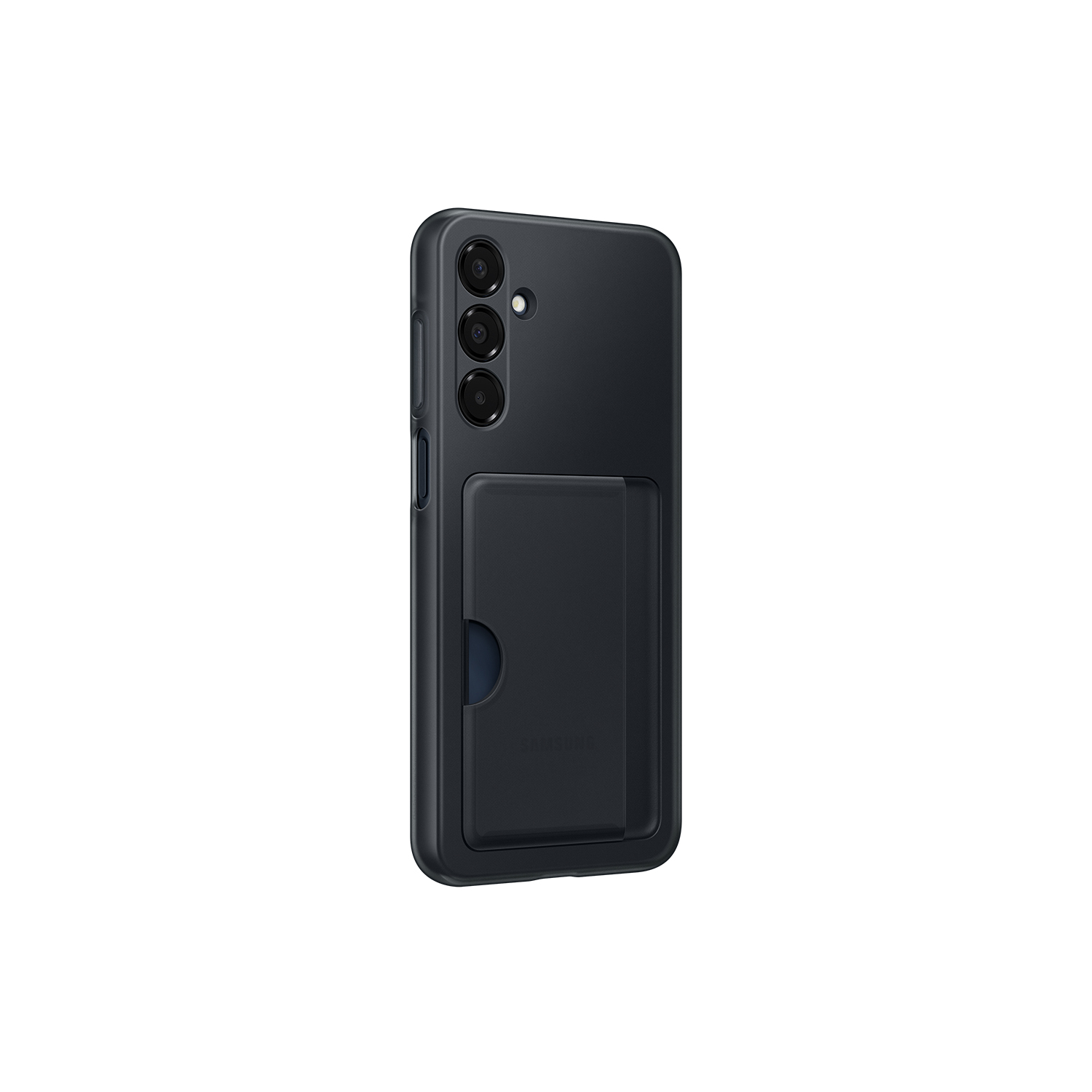 Funda de teléfono negra con ranura para tarjetas. Cuenta con un recorte para la cámara y una ranura.