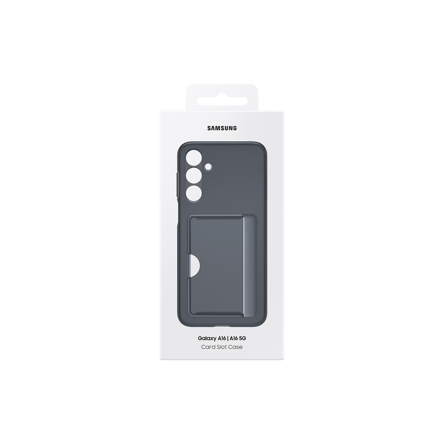 Funda de teléfono en caja, funda gris con cámara y ranura para tarjetas. Samsung y texto en la caja.
