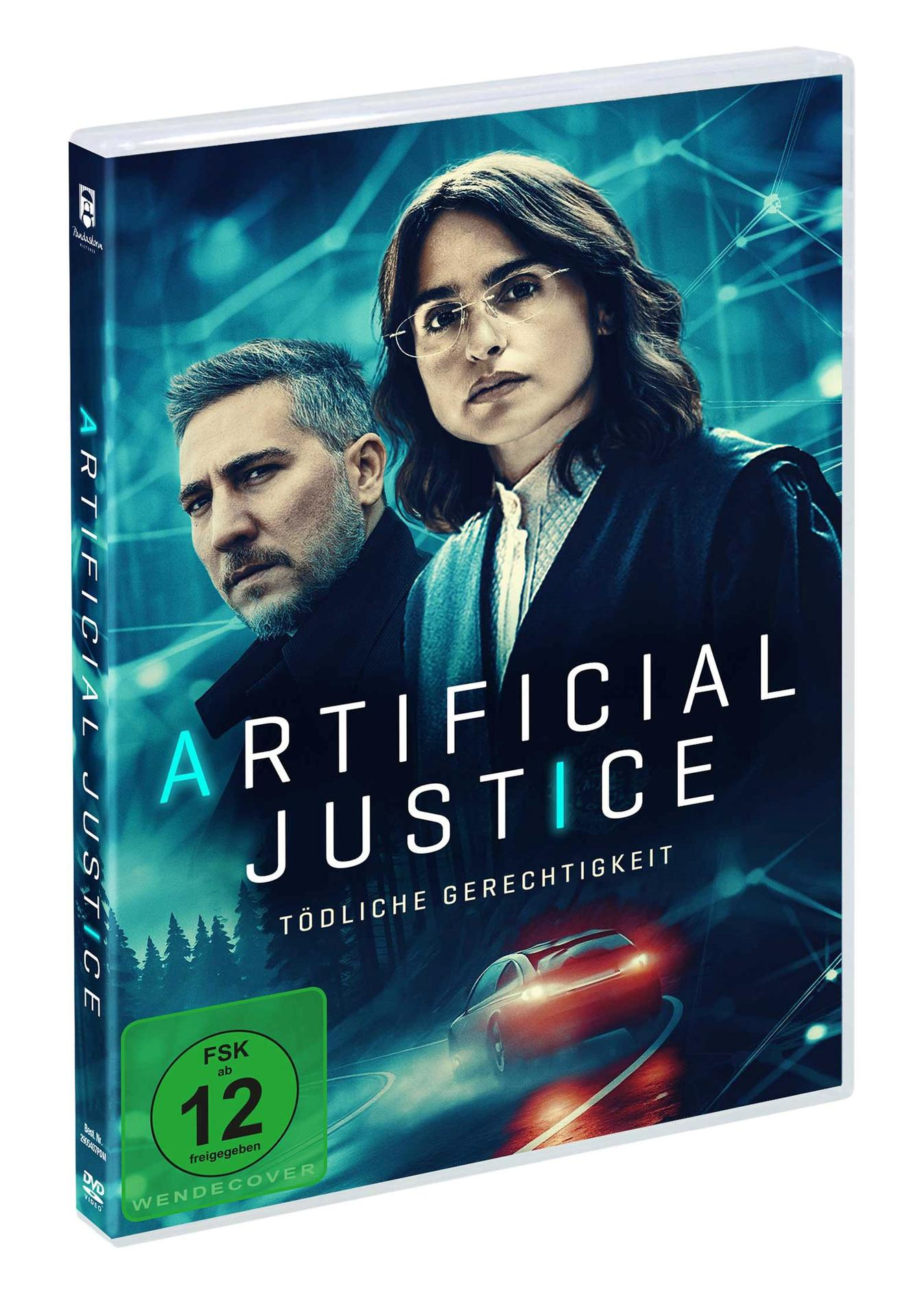 DVD-Cover für 'Artificial Justice' mit einem Mann und einer Frau. Text in Englisch und Deutsch.