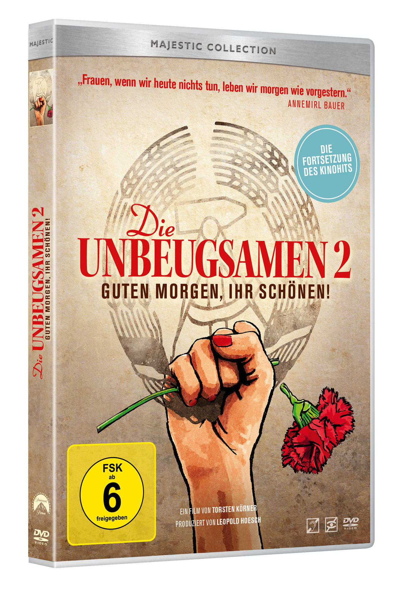 Die DVD-Hülle des Films Die Unbeugsamen 2 mit einer roten Blume.