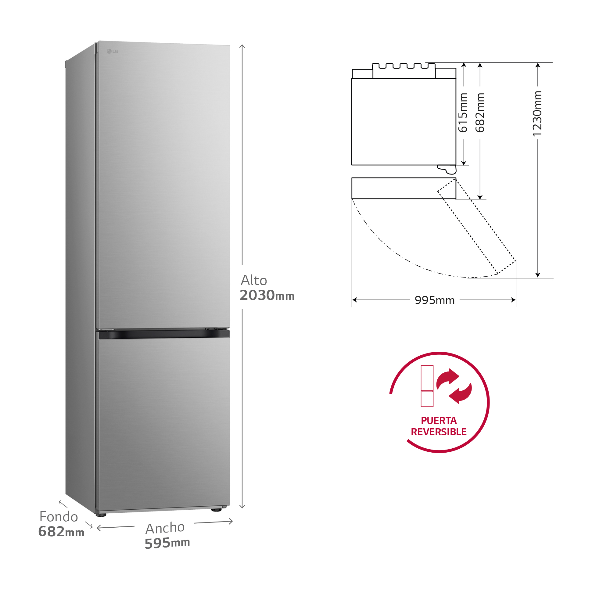 Un refrigerador plateado con dimensiones y un diagrama, que muestra la función de puerta reversible y especificaciones.