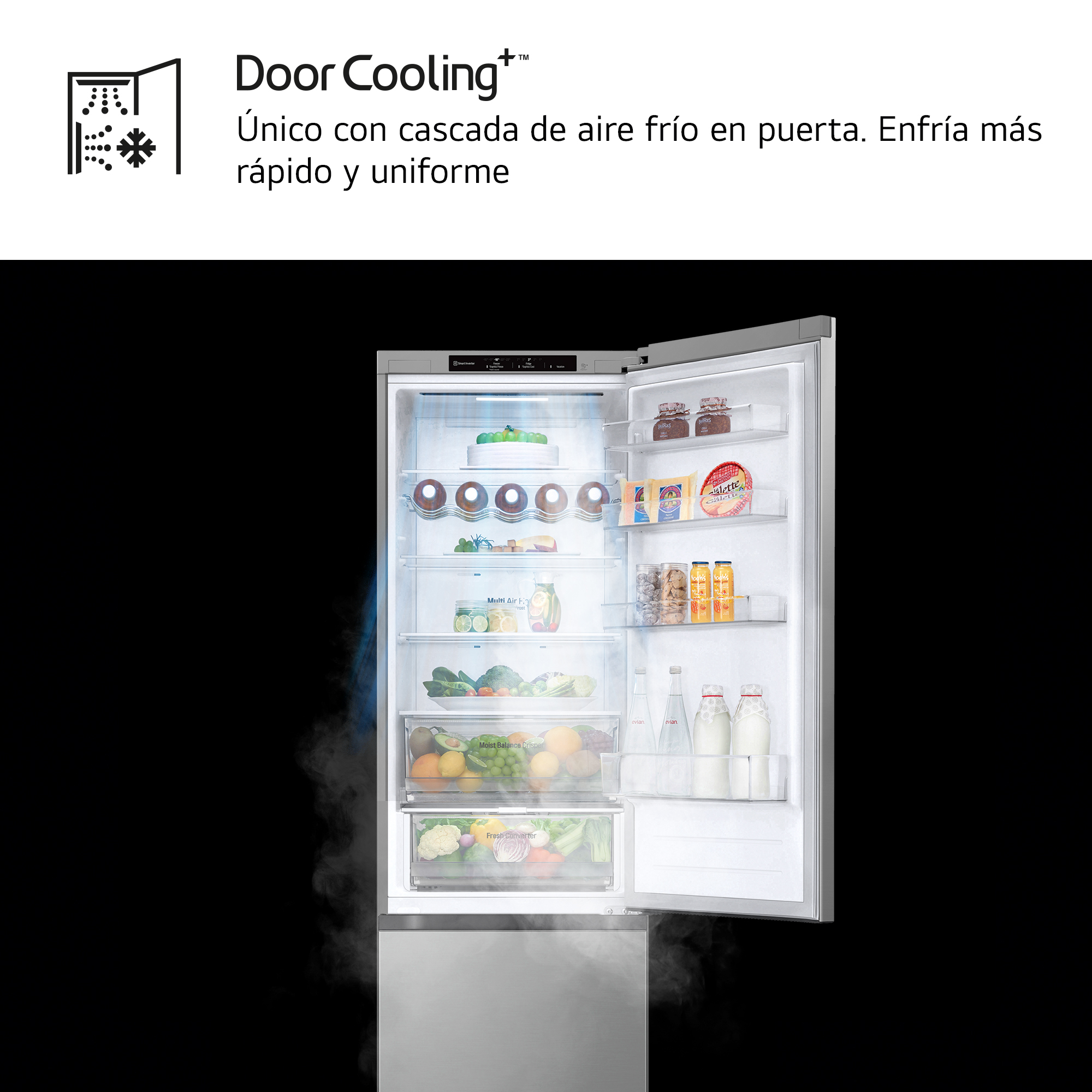 Nevera abierta con comida y flujo de aire azul. Sistema de enfriamiento de puertas.
