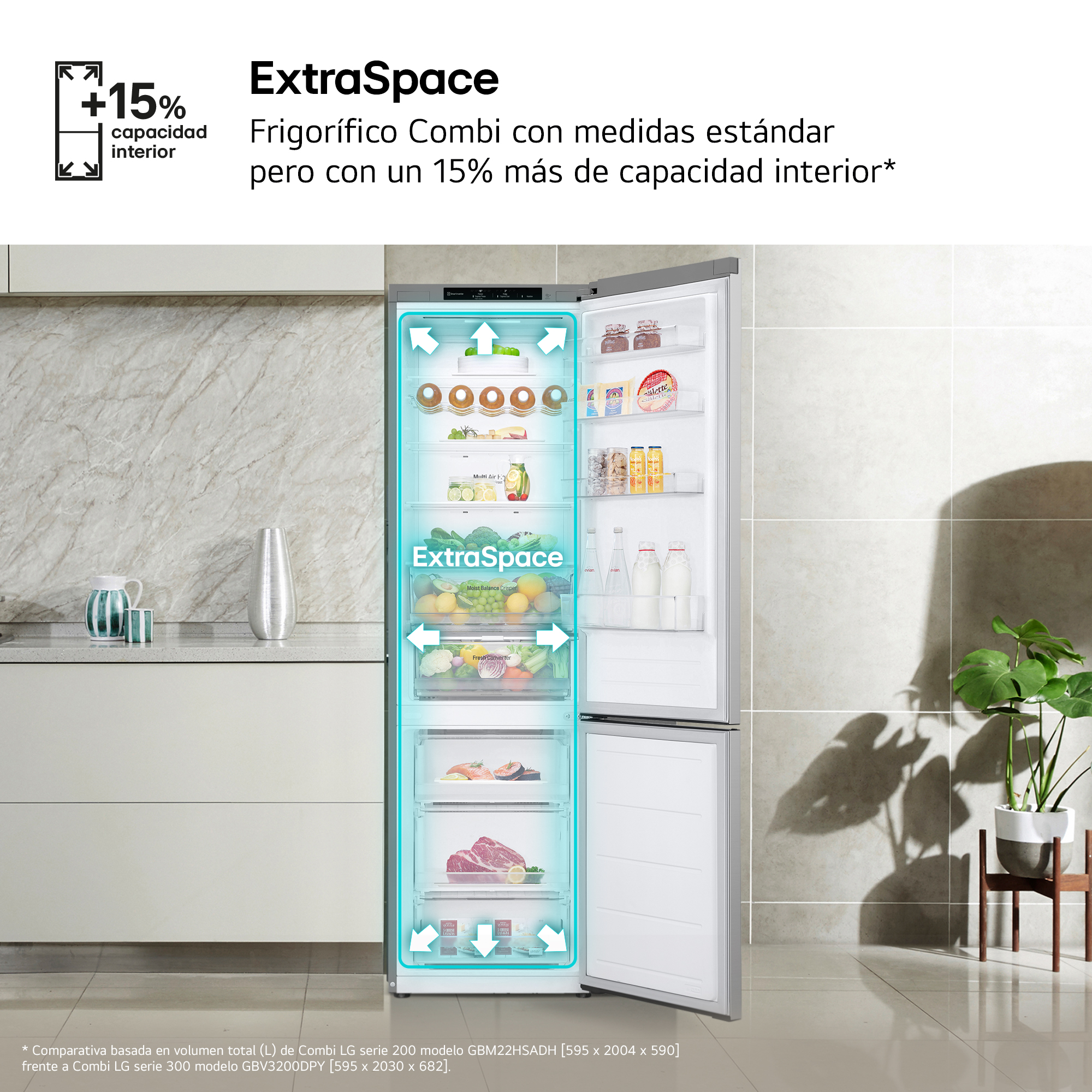 Refrigerador con puerta abierta. Comida dentro. Texto sobre espacio extra.
