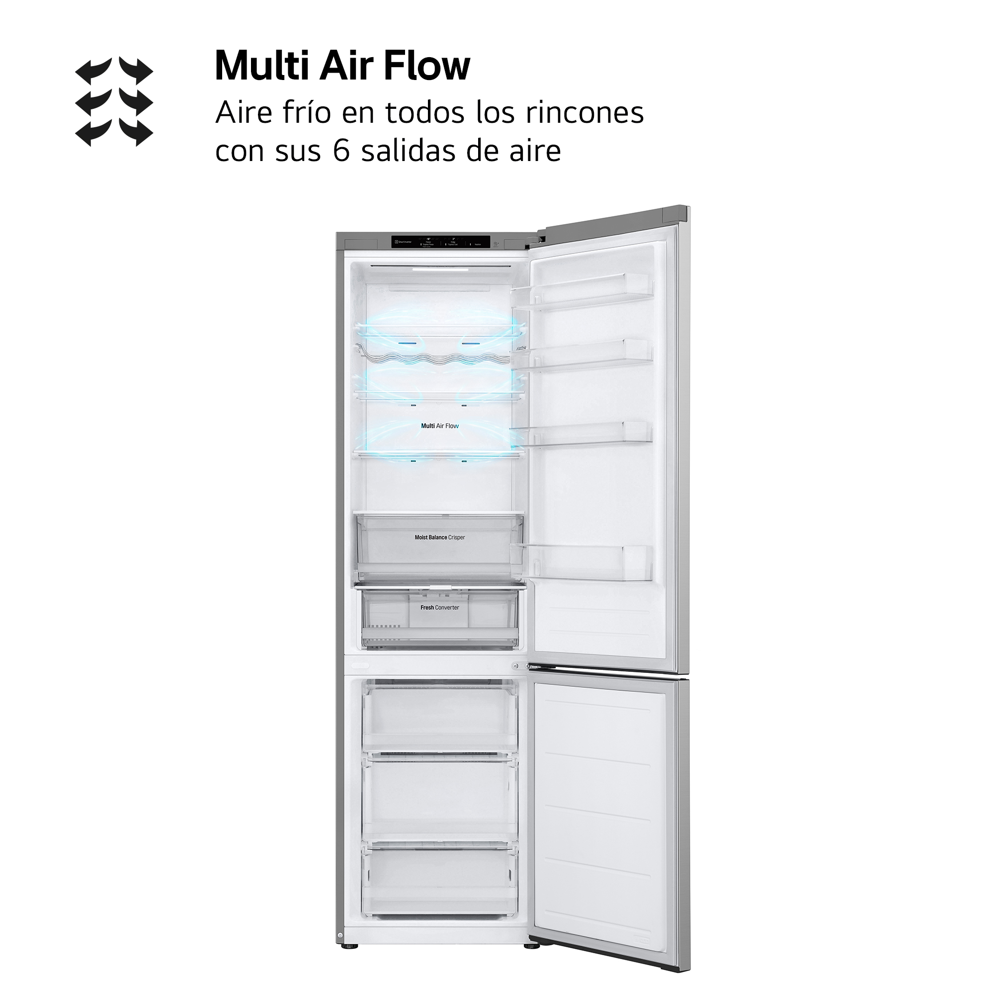 Refrigerador abierto con estantes, cajones y un diagrama de flujo de aire múltiple.