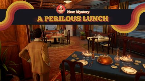 Una escena de comedor con el título 'Nuevo Misterio'. Un hombre en traje mira la mesa.