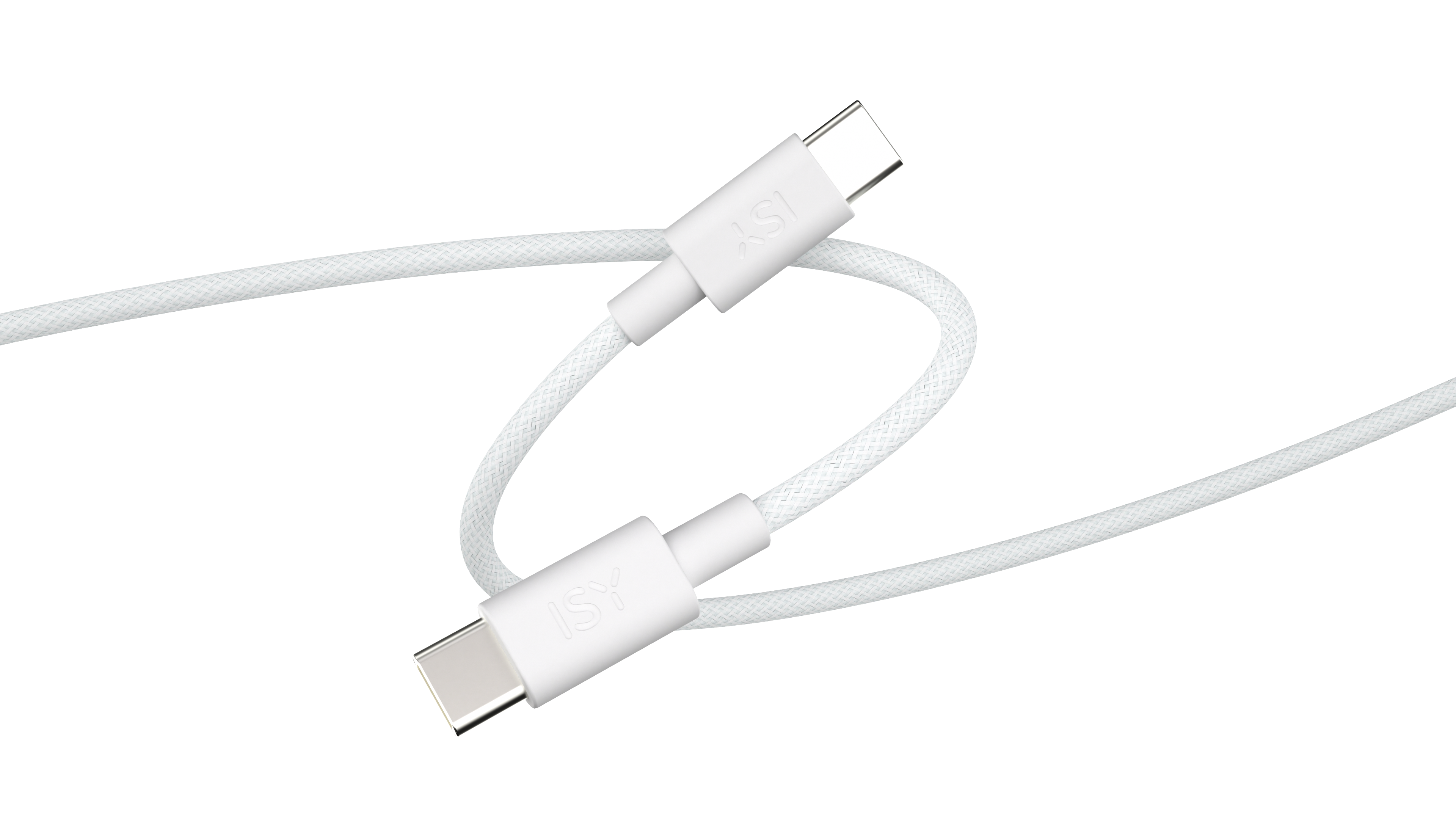 Zwei weiße USB-C-Kabel mit Steckern auf dunklem Hintergrund.
