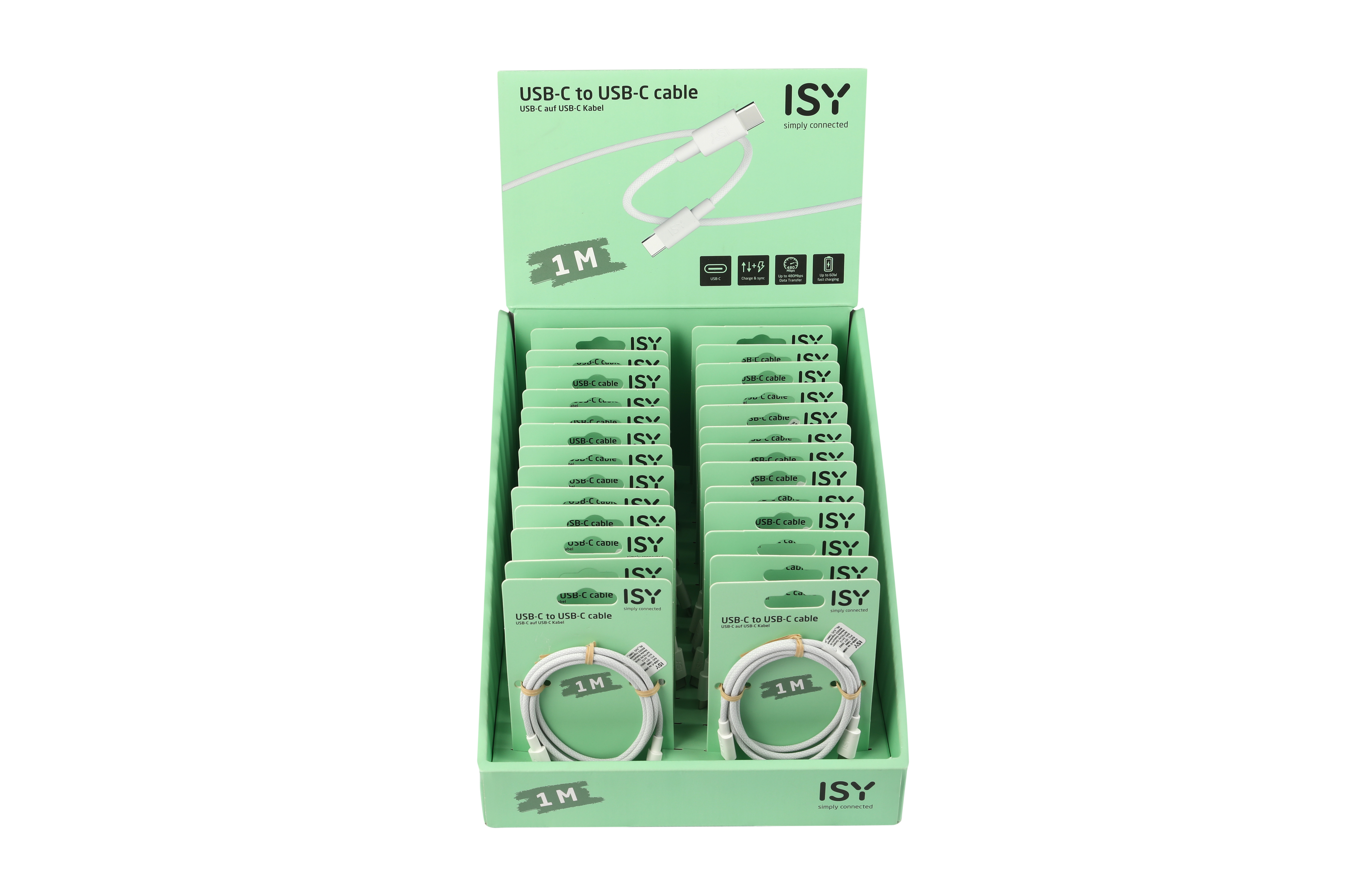 Displaybox mit USB-C-zu-USB-C-Kabeln, mit grünem Hintergrund und Text.