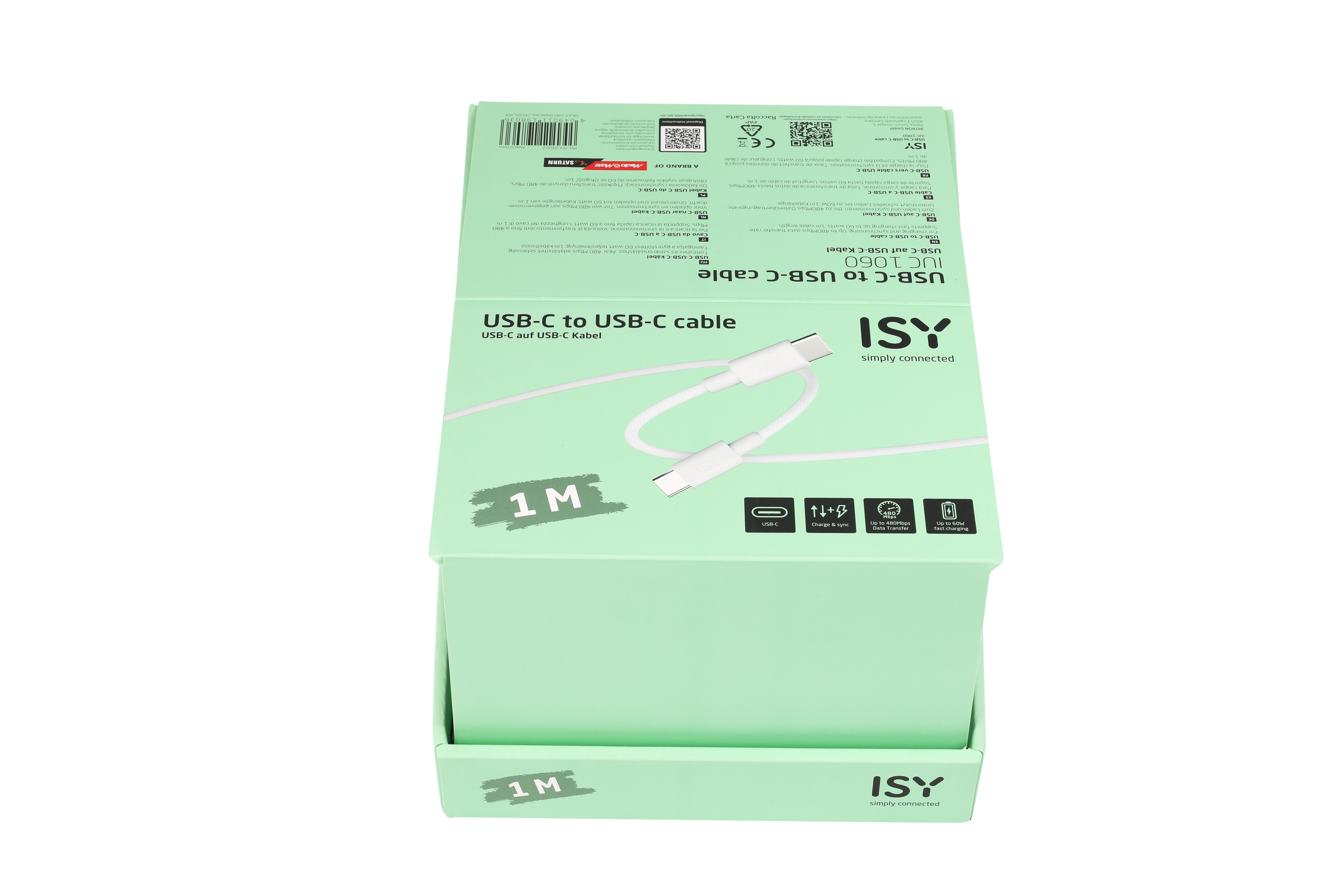 Weiße USB-C-zu-USB-C-Kabelbox, grün mit Text und Kabelbild.