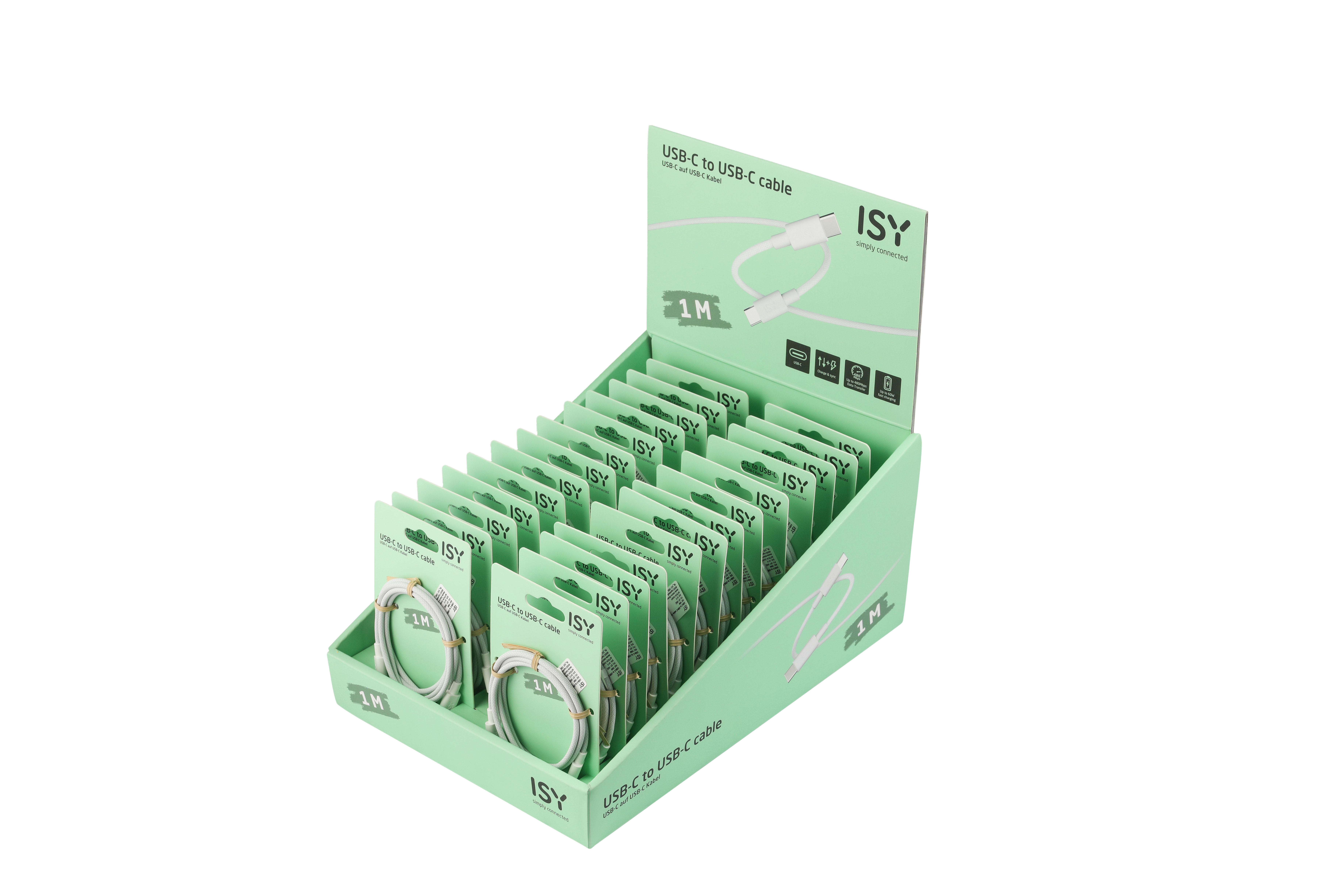 Display mit USB-C-zu-USB-C-Kabeln in Verpackung. Grüner Displayfuß.