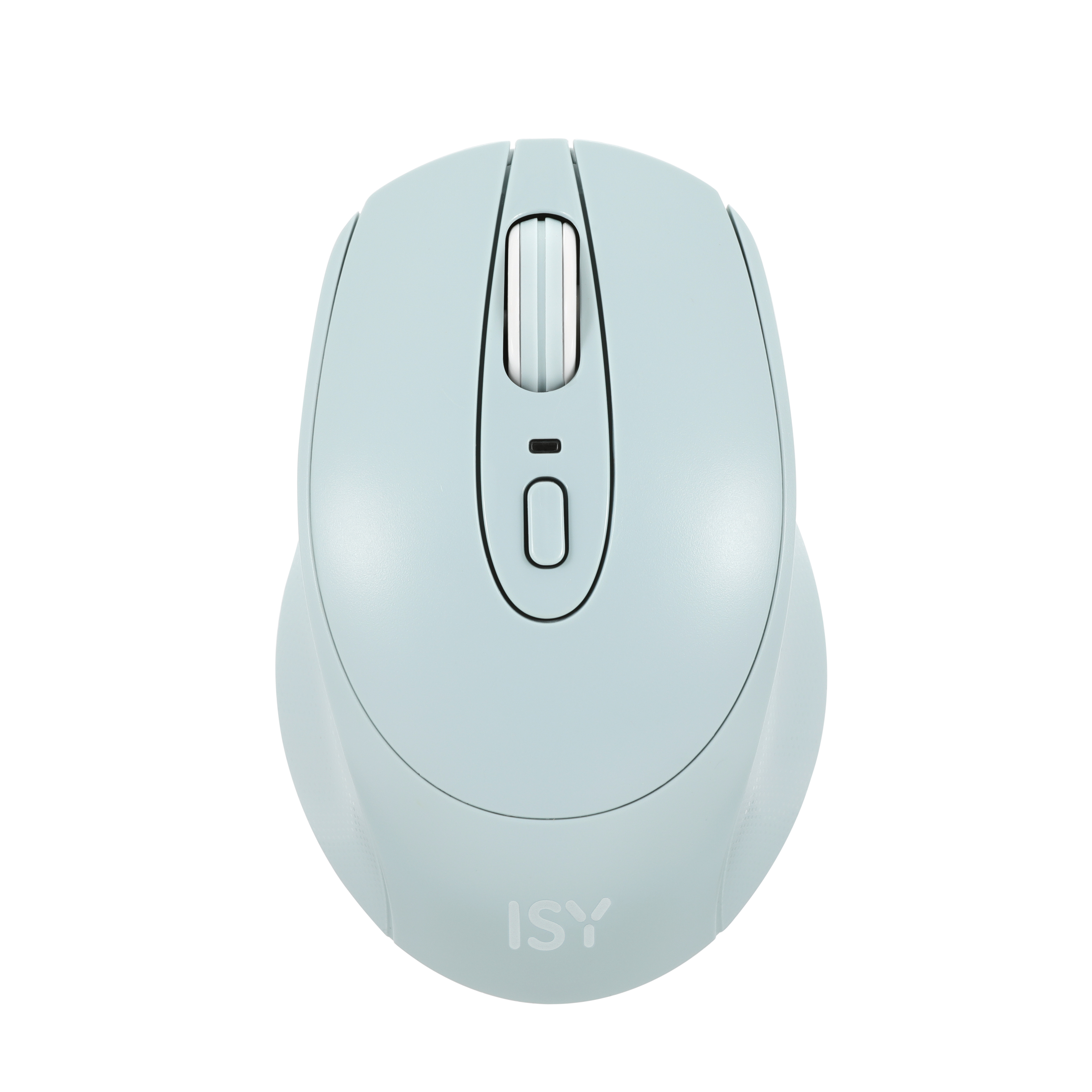 Eine hellblaue drahtlose Computermaus auf weißem Hintergrund. Die Maus hat ein Scrollrad und Tasten.
