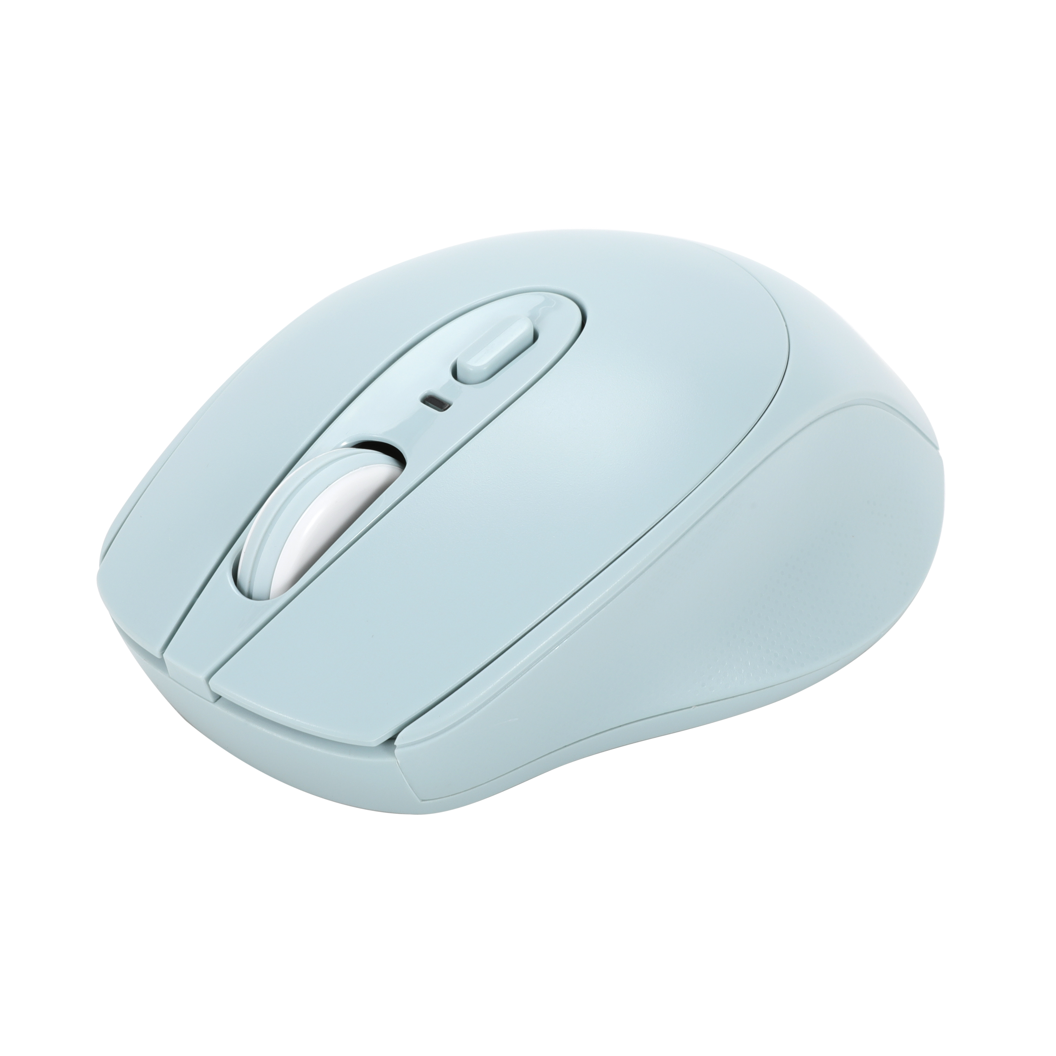 Hellblaue kabellose Maus mit Scrollrad und Tasten.