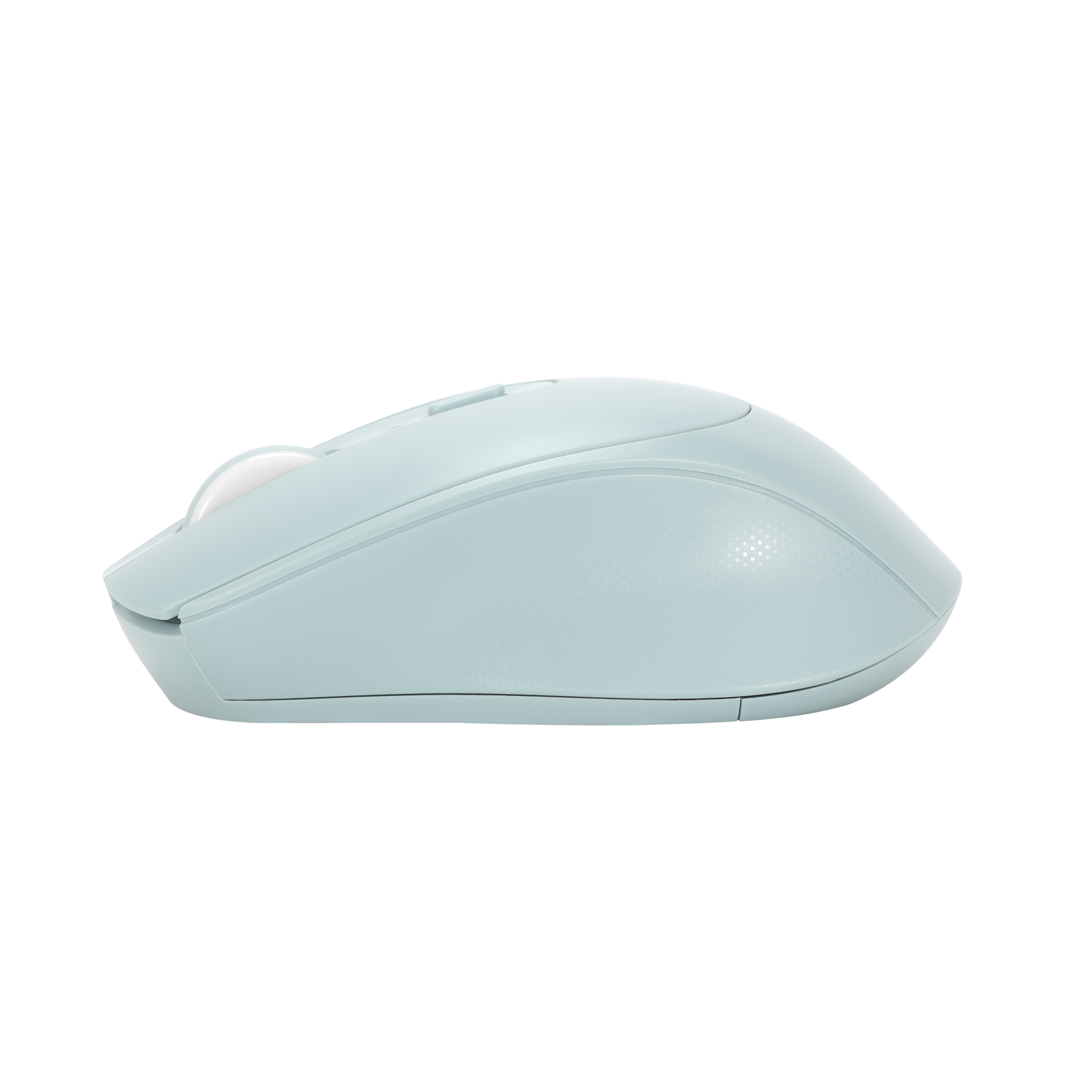 Hellblaue kabellose Maus mit Scrollrad und Tasten.