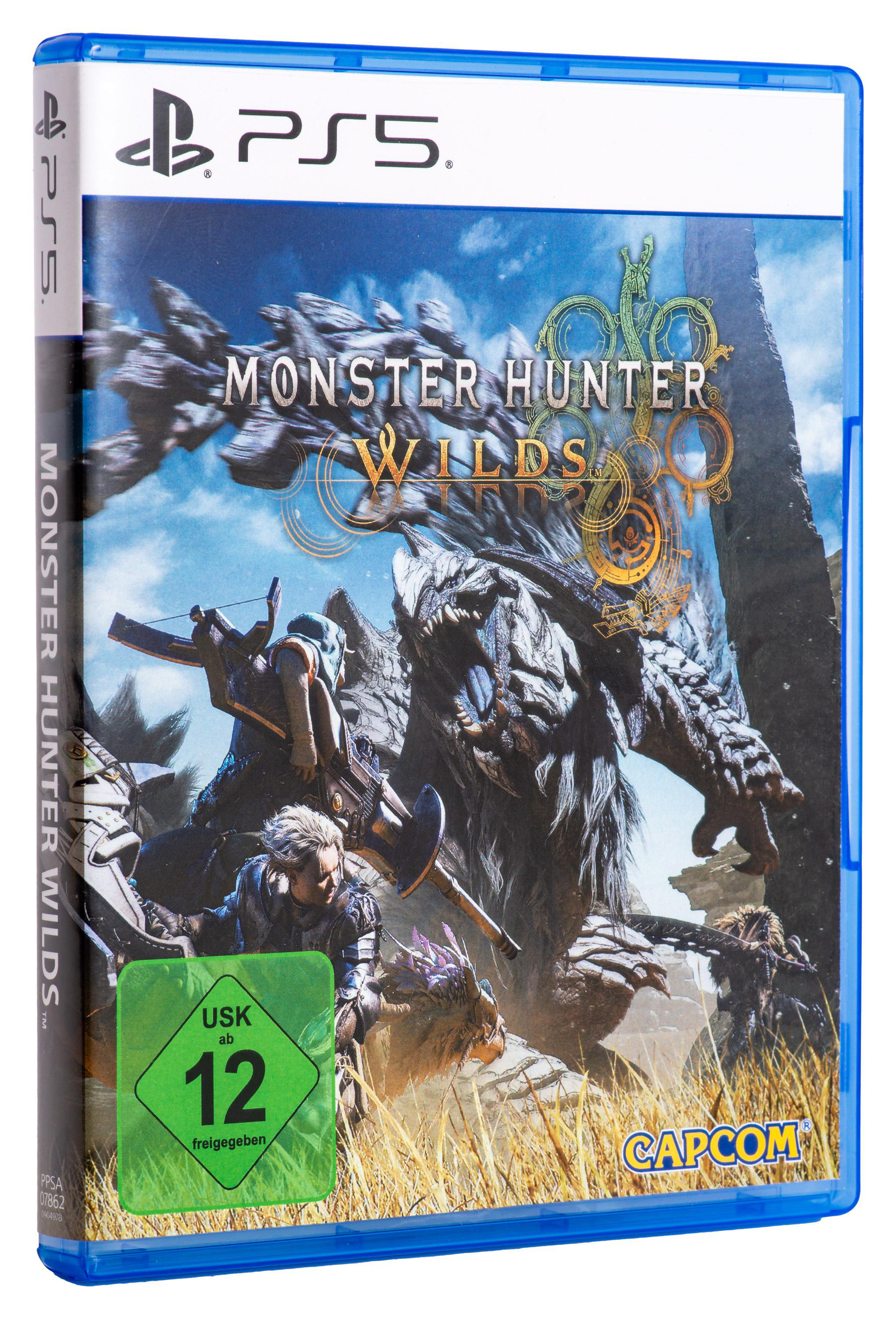 Spielhülle für Monster Hunter Wilds auf PS5. Mit Monster, Jäger und Spiel-Logo.