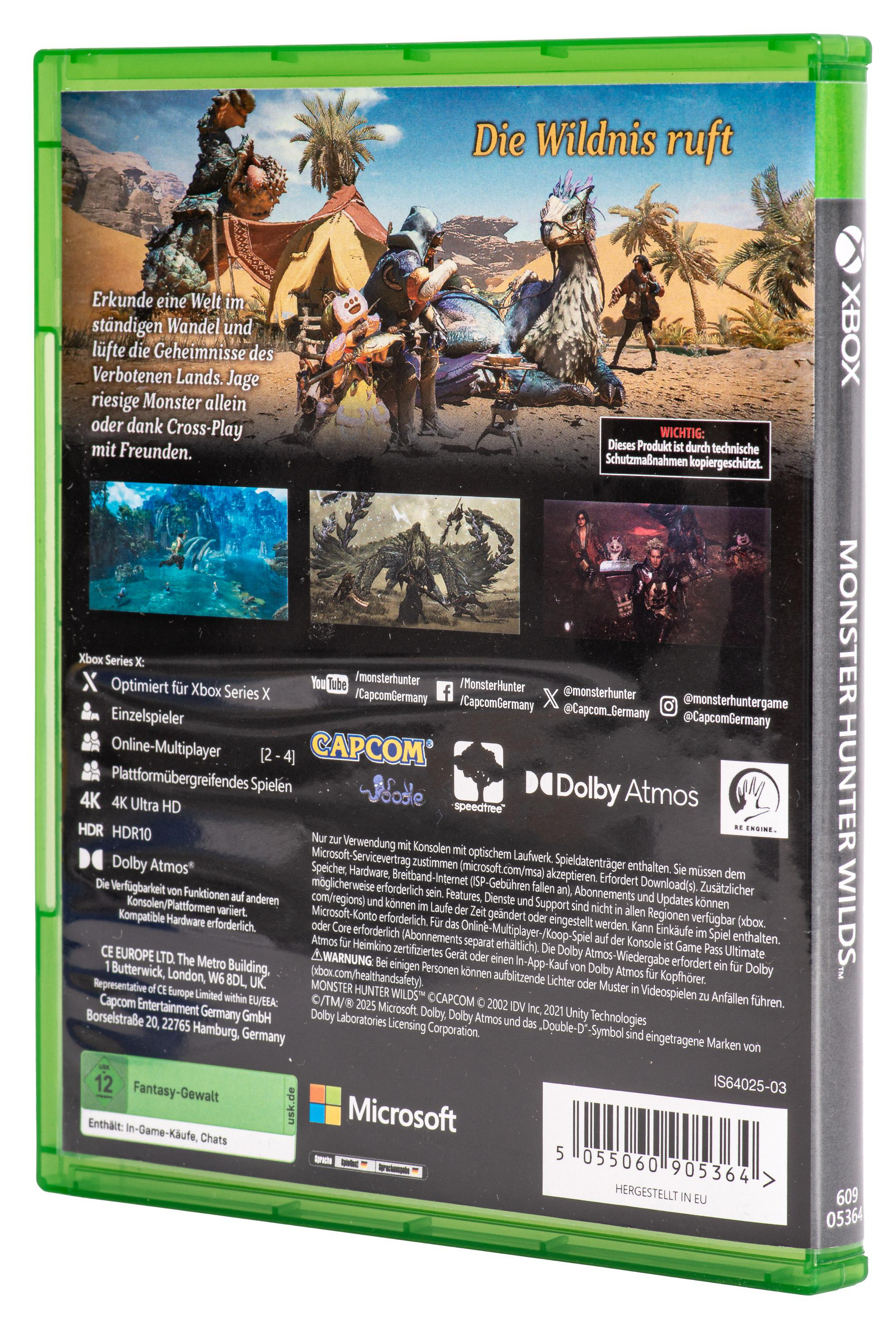 Rückseite der Xbox Series X Monster Hunter Wilds Spielhülle, mit Gameplay-Details.