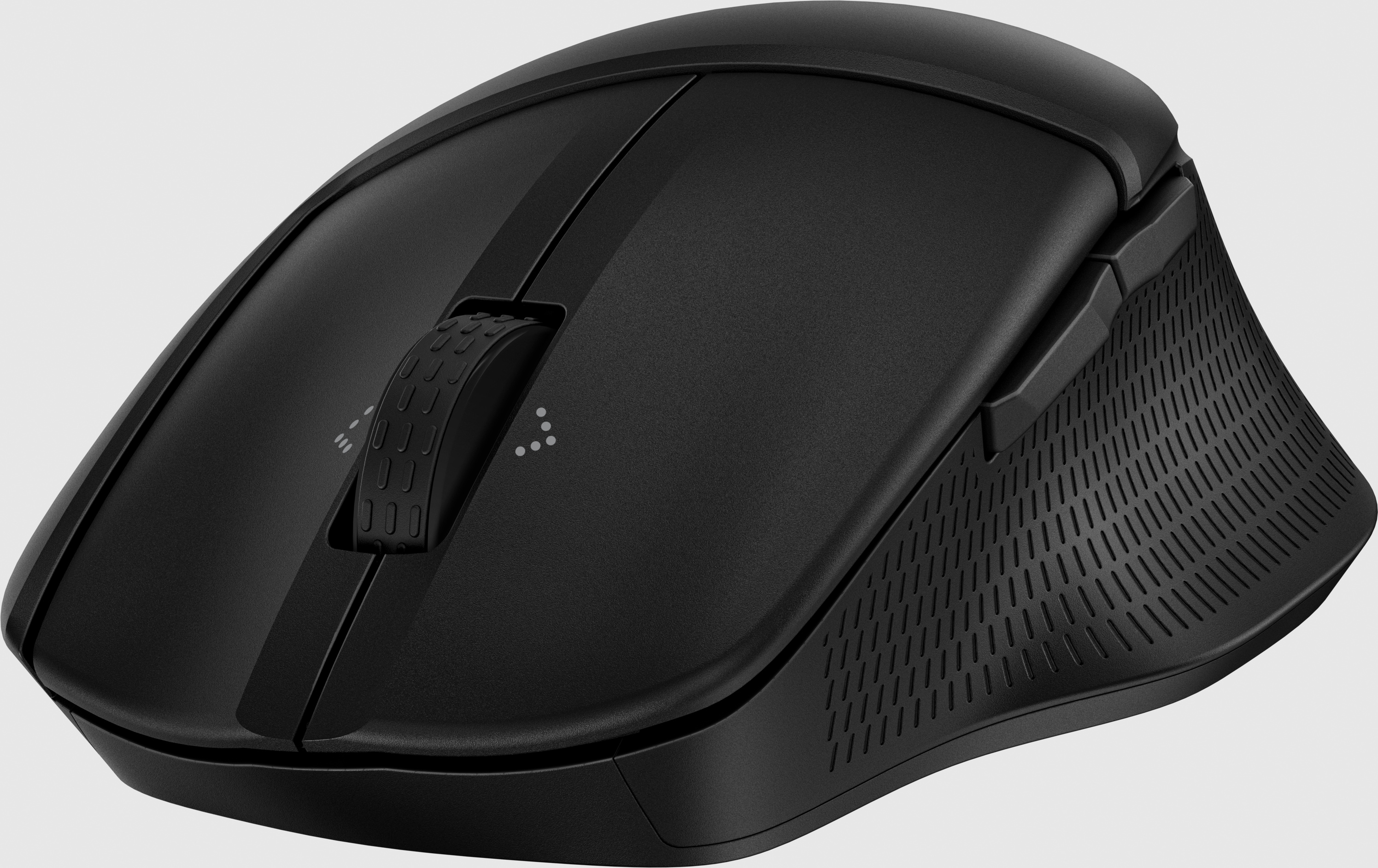 Un ratón de ordenador negro con rueda y botones. Diseño ergonómico.
