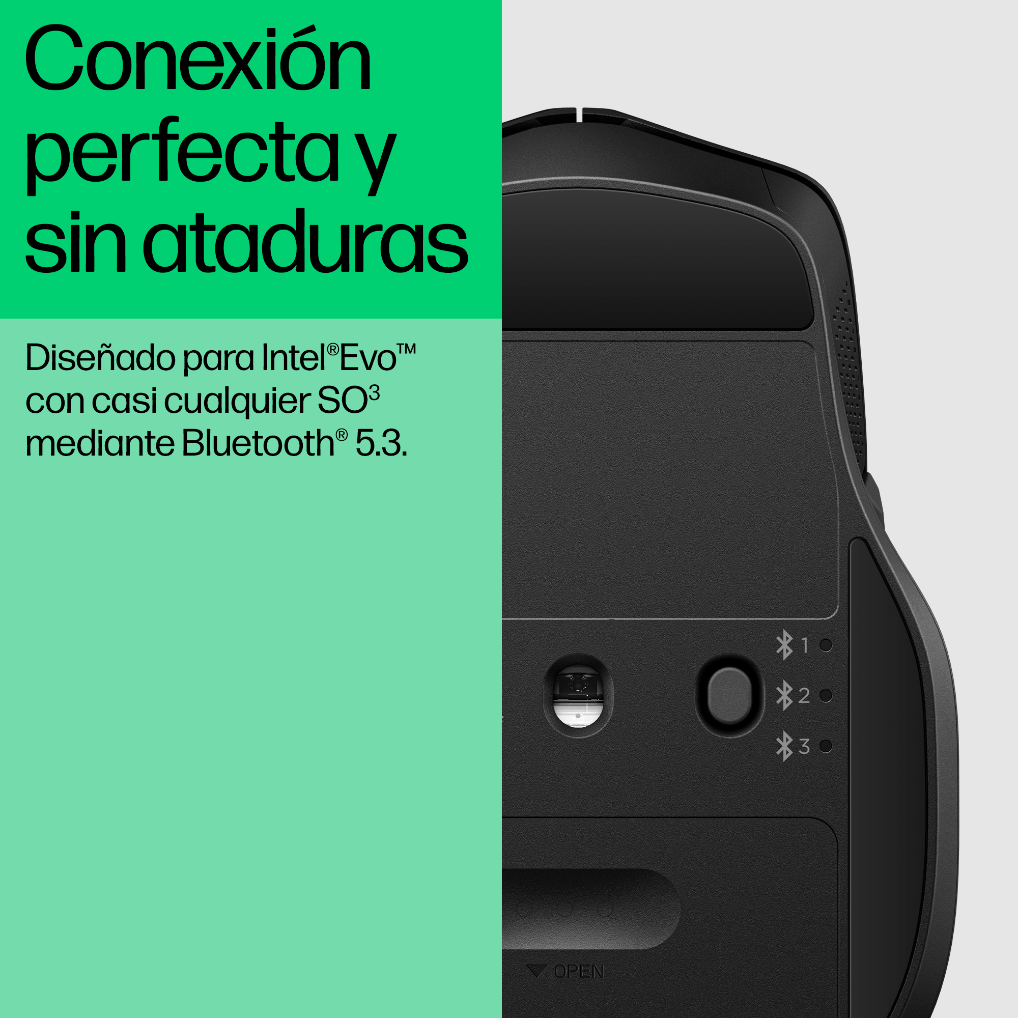 Ratón de ordenador negro con botones. Texto verde: 'conexión perfecta sin ataduras'. Bluetooth 5.3.