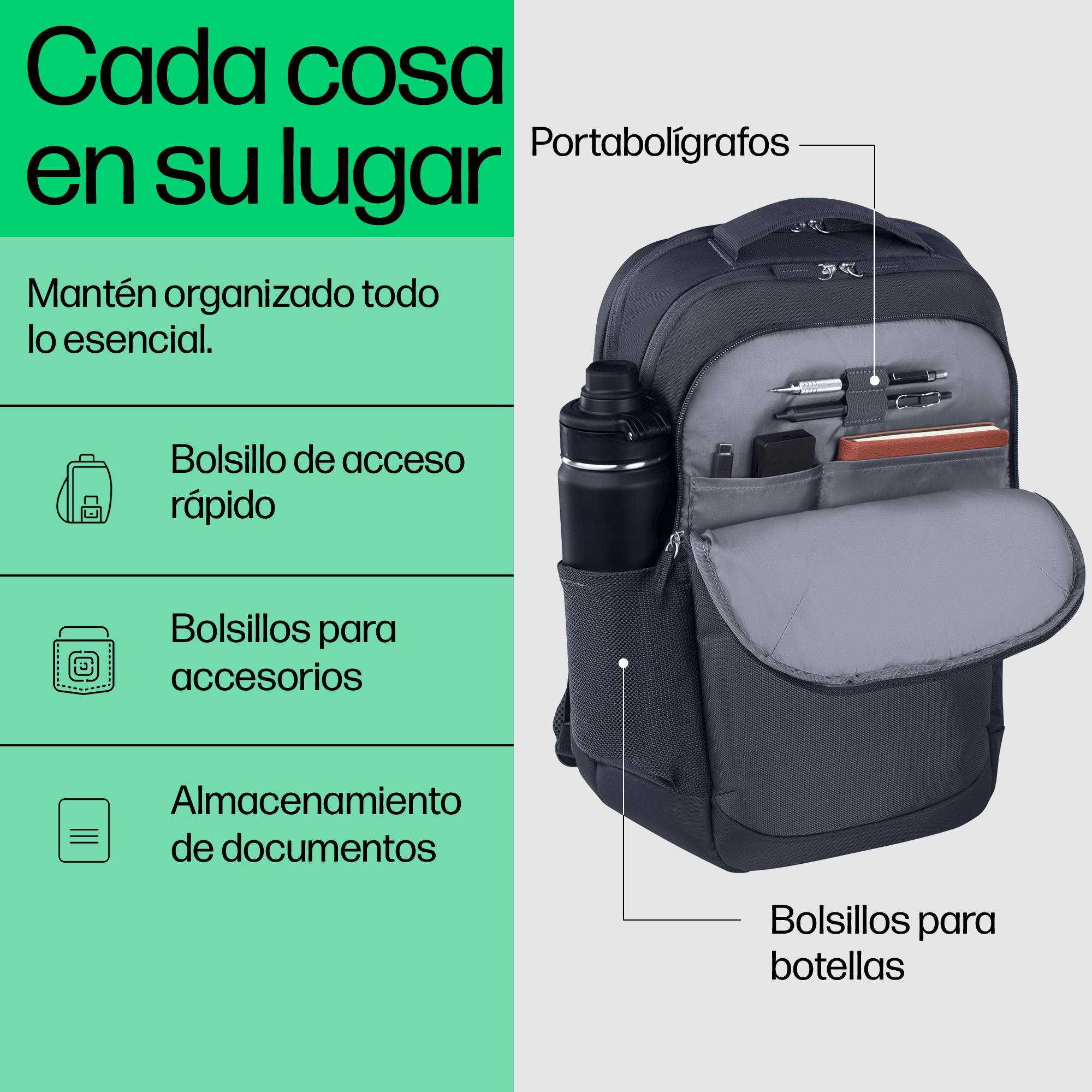 Mochila abierta, con objetos como una botella de agua, bolígrafos y documentos en diseño negro y verde.