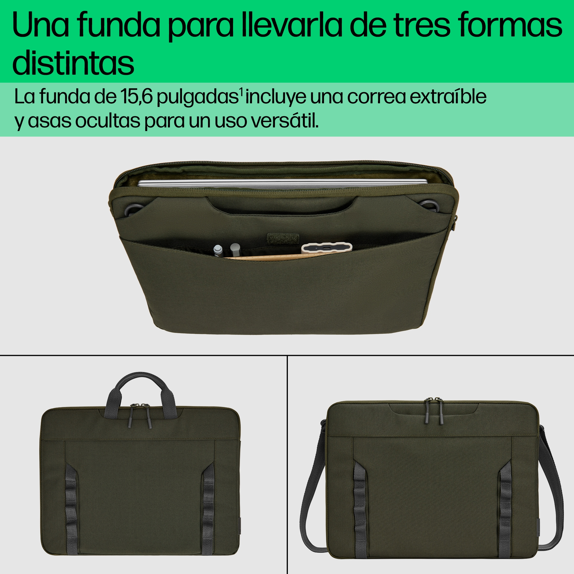 Funda verde para portátil con parte superior abierta, asas y opciones de correa para el hombro. Texto en español.
